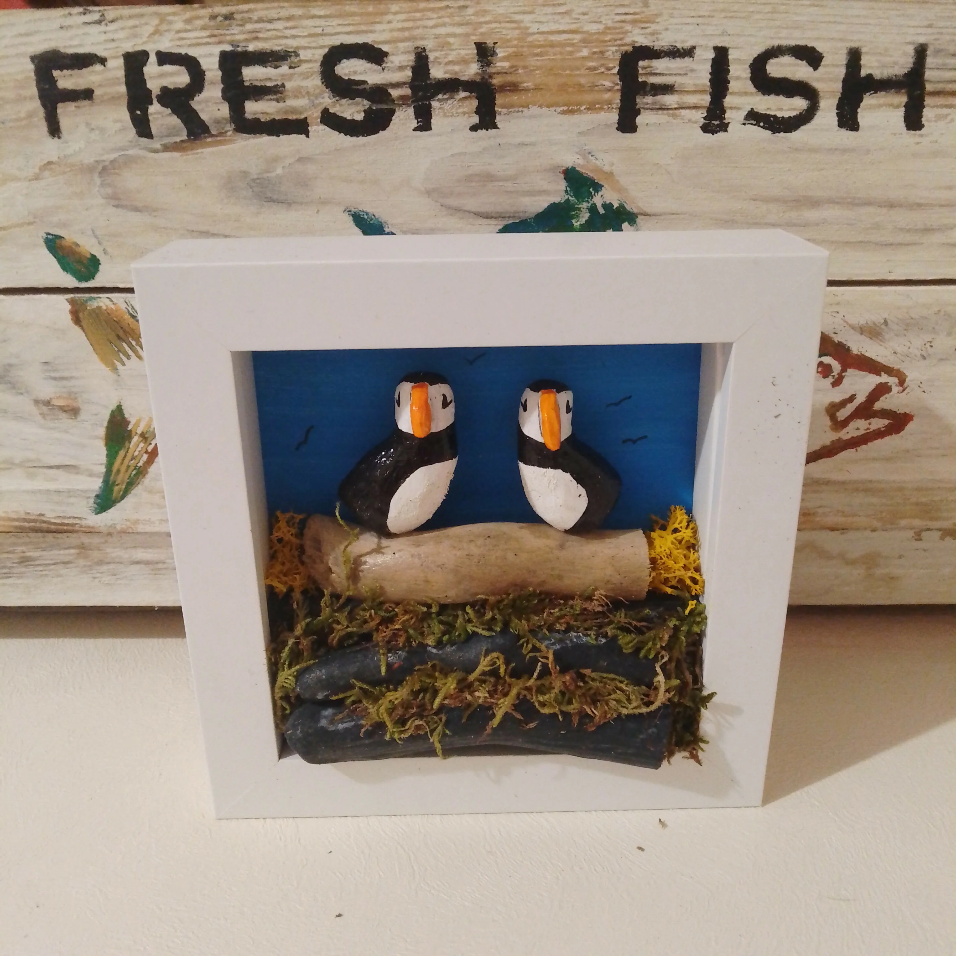 2 Puffins In Frame, Sky Blue Background