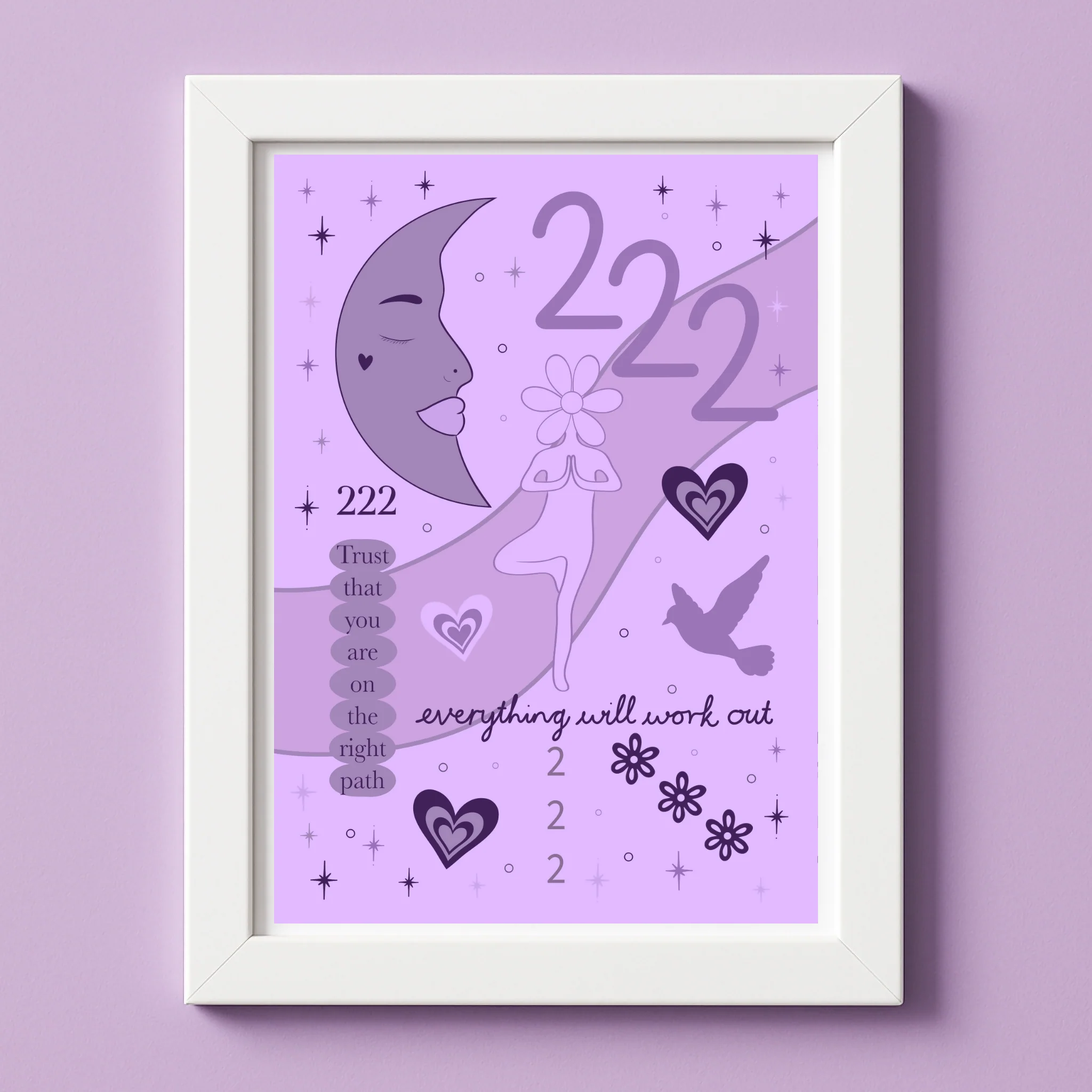 222 Angel Number Print | A4 Unframed | Lilac Purple | Everything will work out - Image 3