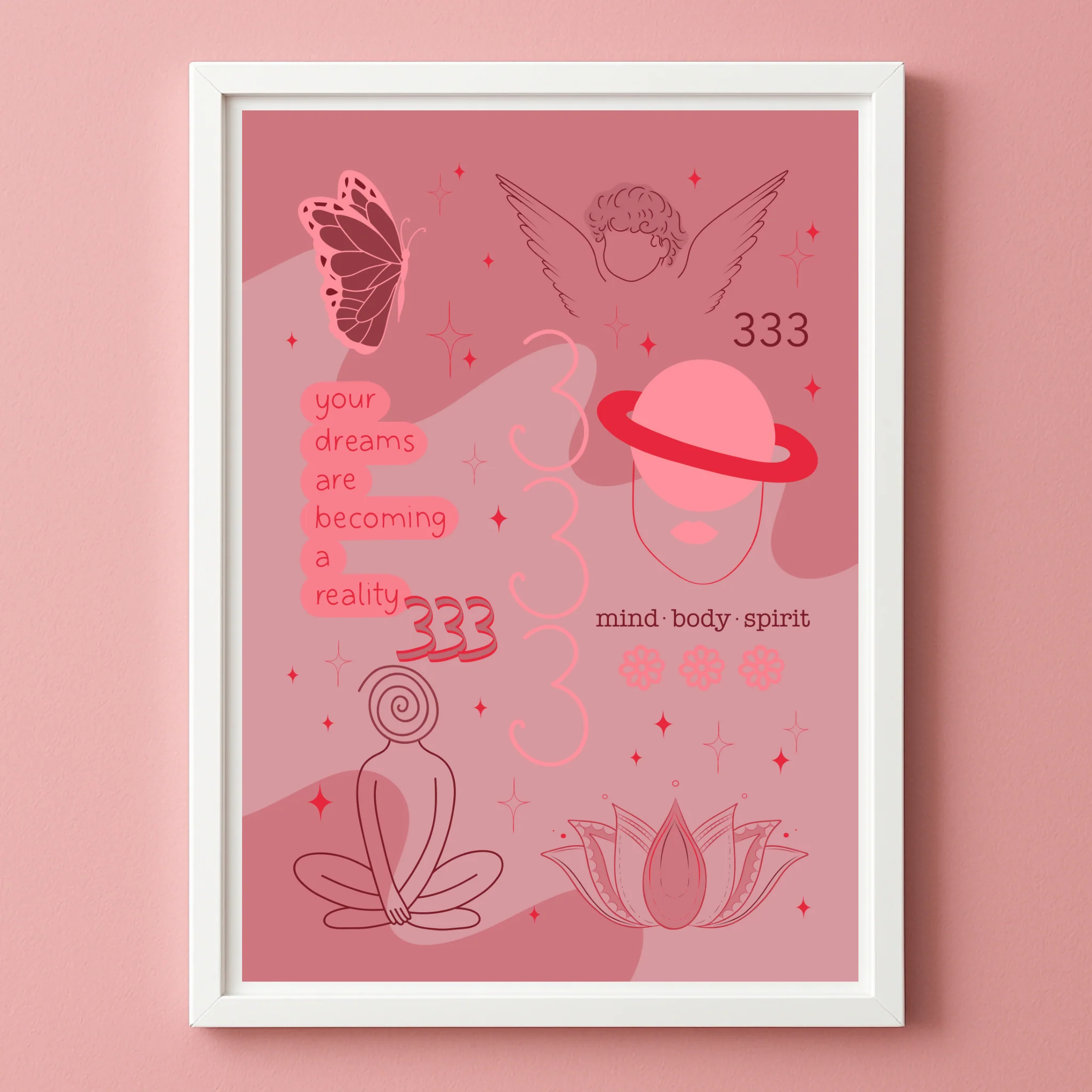 333 Angel Number Print | A4 Unframed | Pink Red | Your dreams are becoming a reality - Image 3