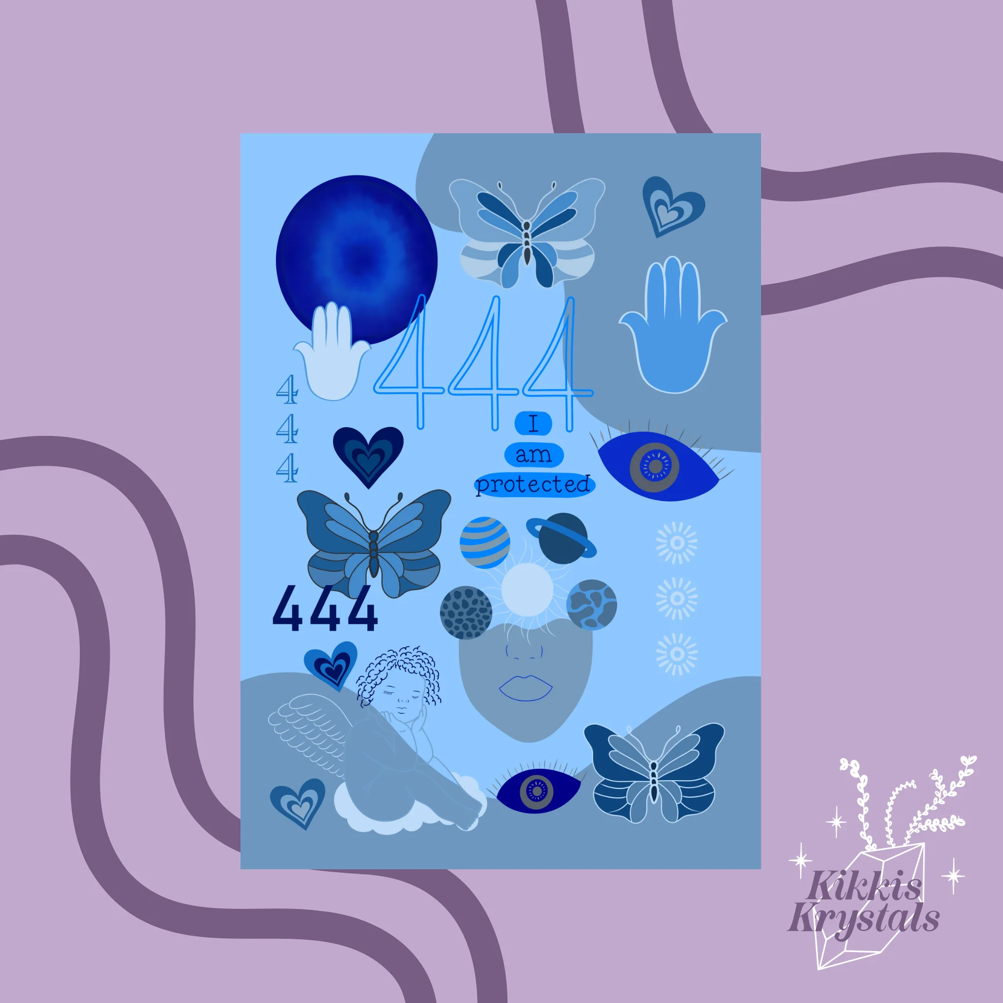 444 Angel Number Print | A4 Unframed | Blue | I am protected | Evil Eye Hamsa Hand