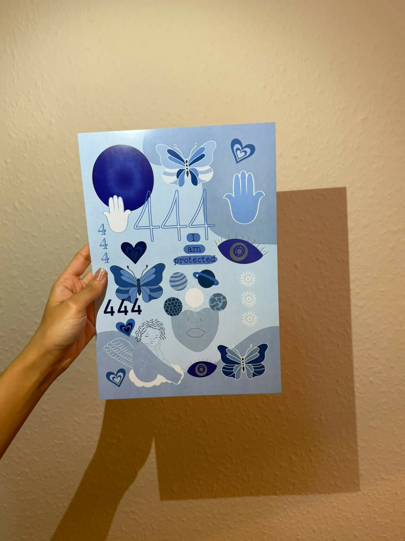 444 Angel Number Print | A4 Unframed | Blue | I am protected | Evil Eye Hamsa Hand - Image 2