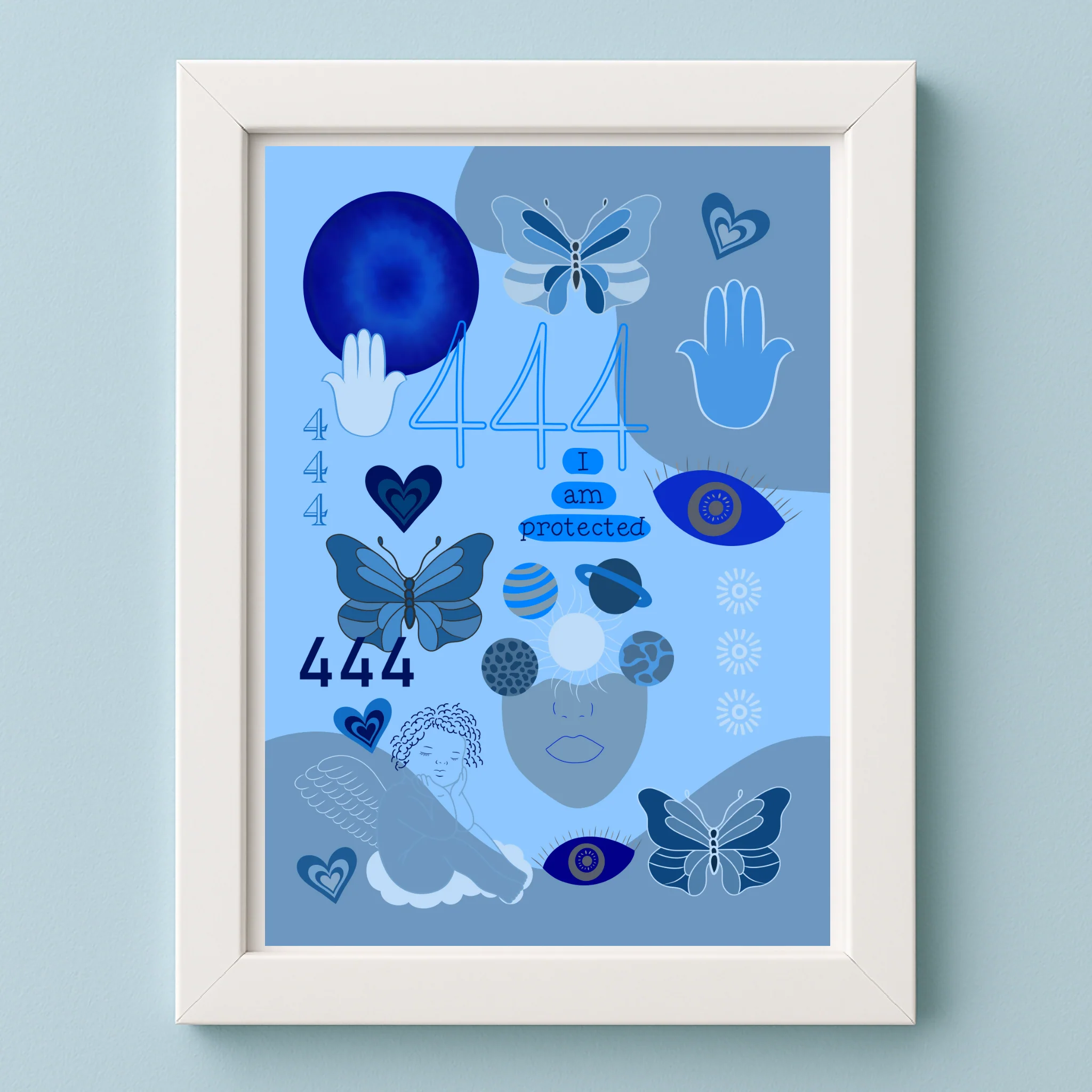 444 Angel Number Print | A4 Unframed | Blue | I am protected | Evil Eye Hamsa Hand - Image 3