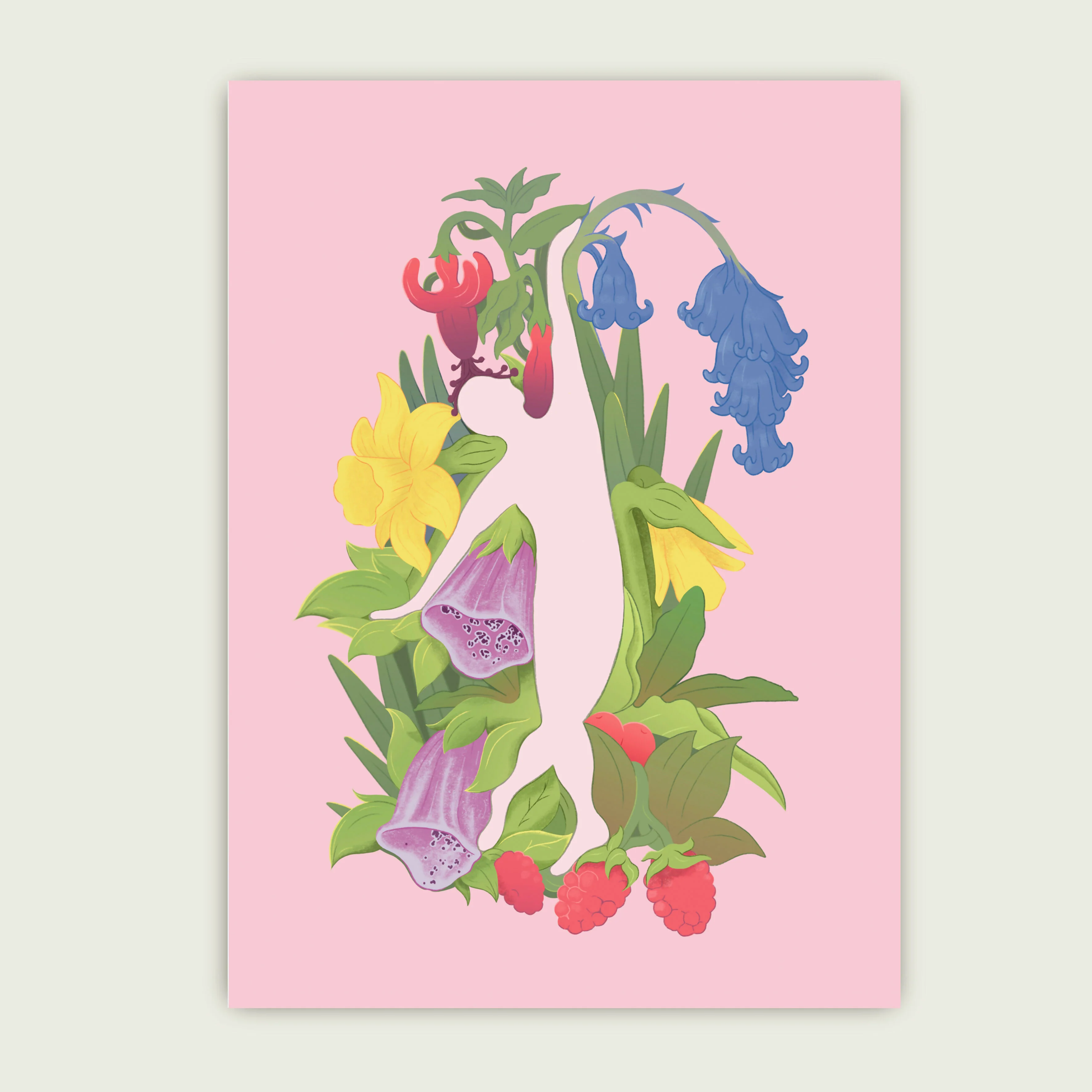 A4 Illustrated Print Of A Dancing Figure Amongst Flowers, Foliage And Fruits