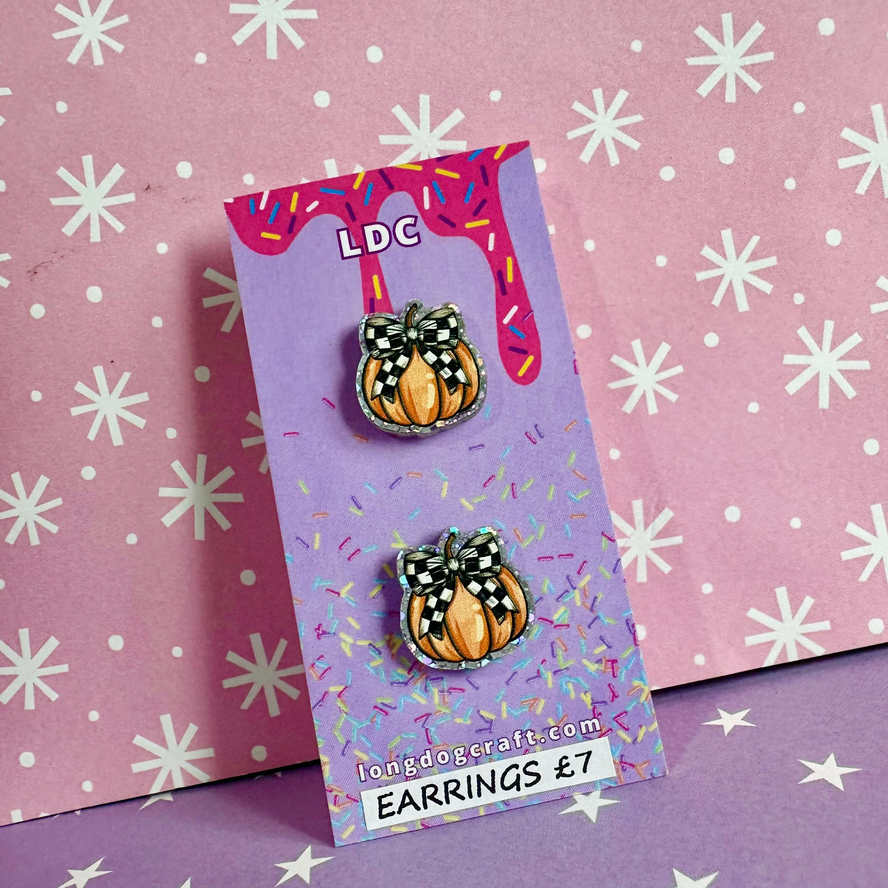 Acrylic Checker Bow Pumpkin Stud Earrings - Image 2