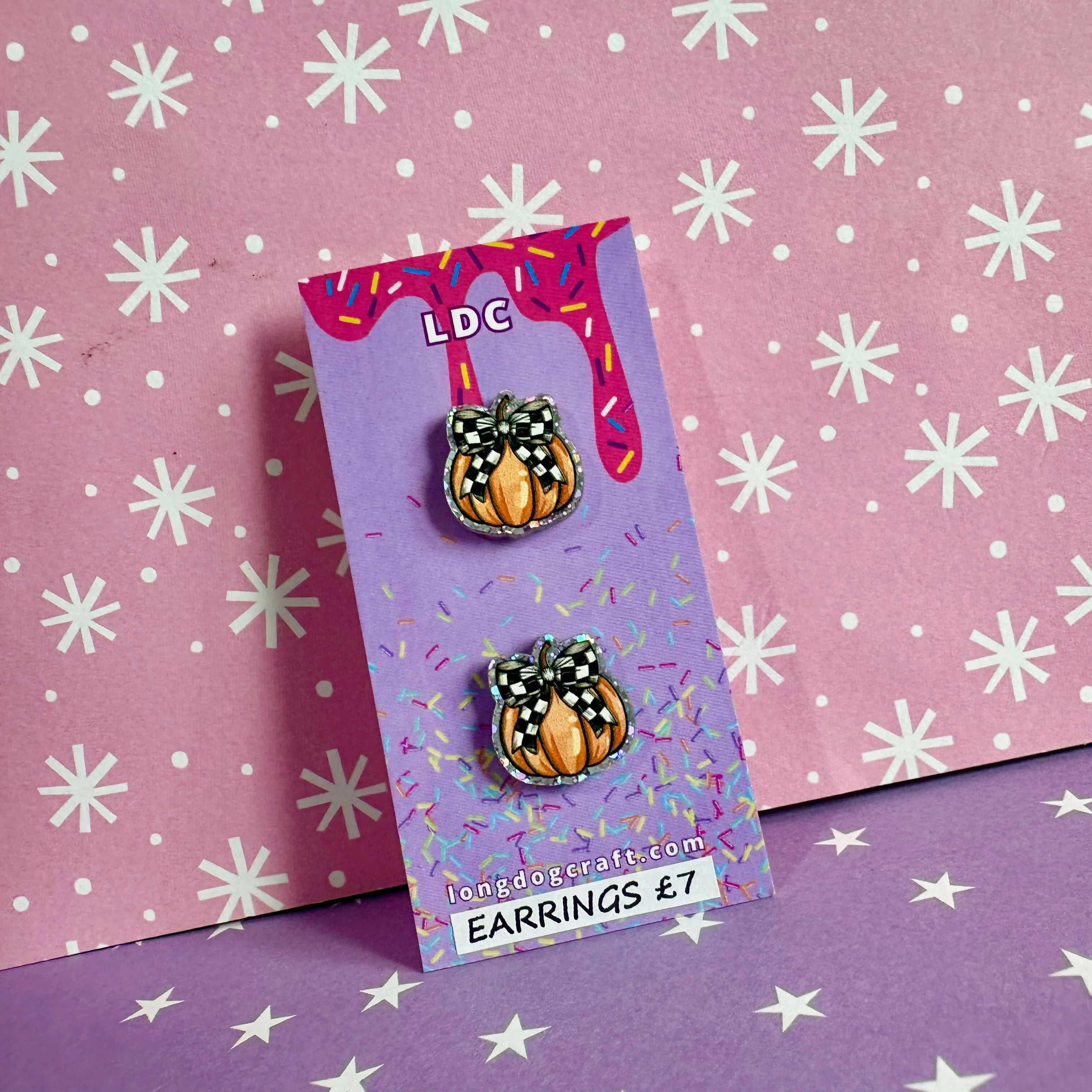 Acrylic Checker Bow Pumpkin Stud Earrings - Image 4