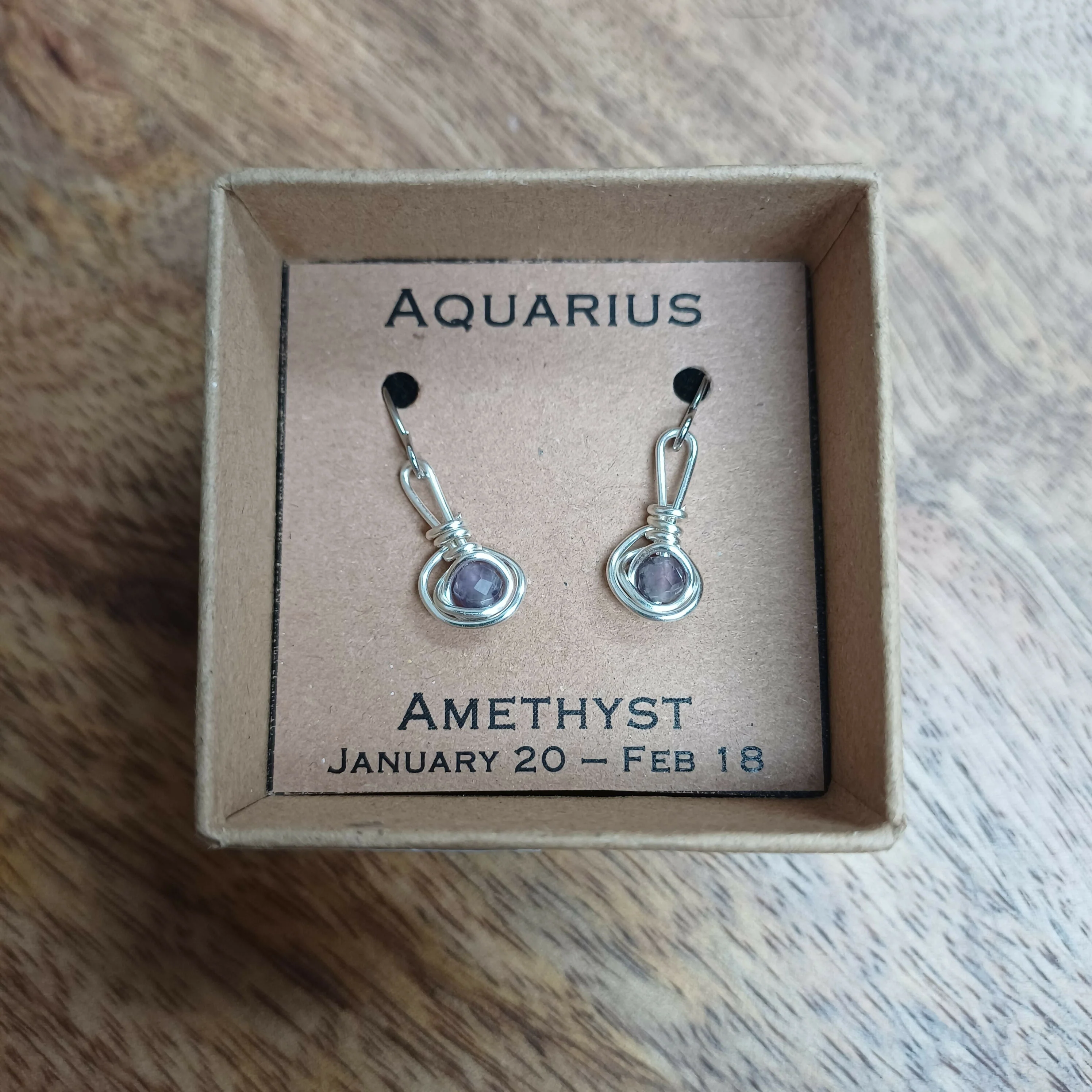Aquarius Amethyst Zodiac Wire Wrapped Earrings