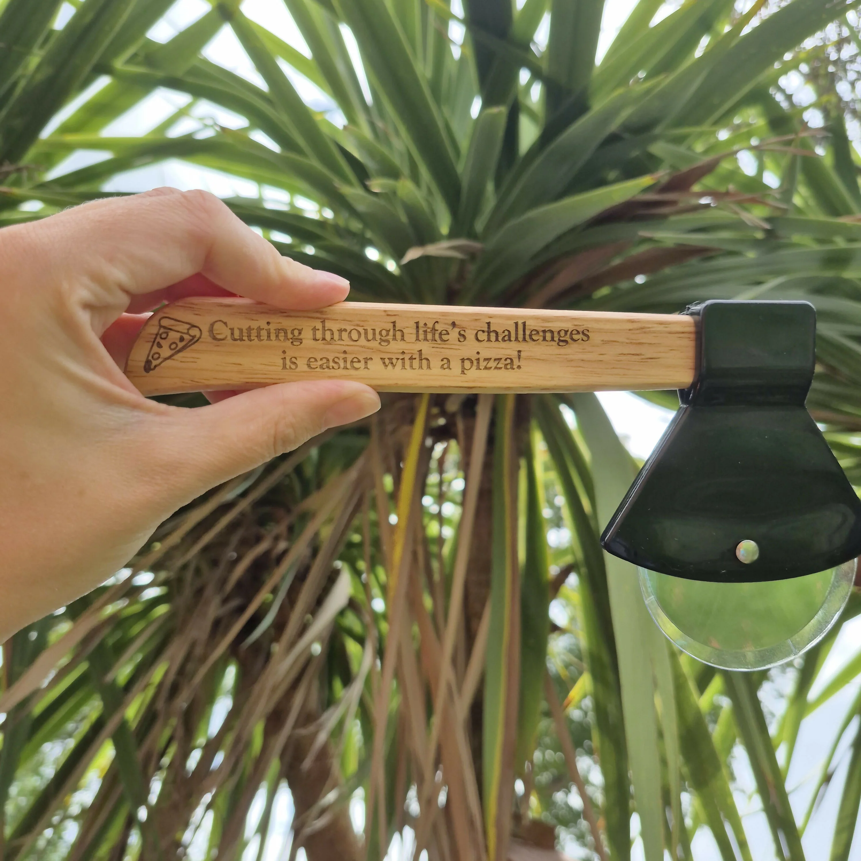 Bamboo Axed Shaped Pizza Cutter - Challenges are easier with pizza