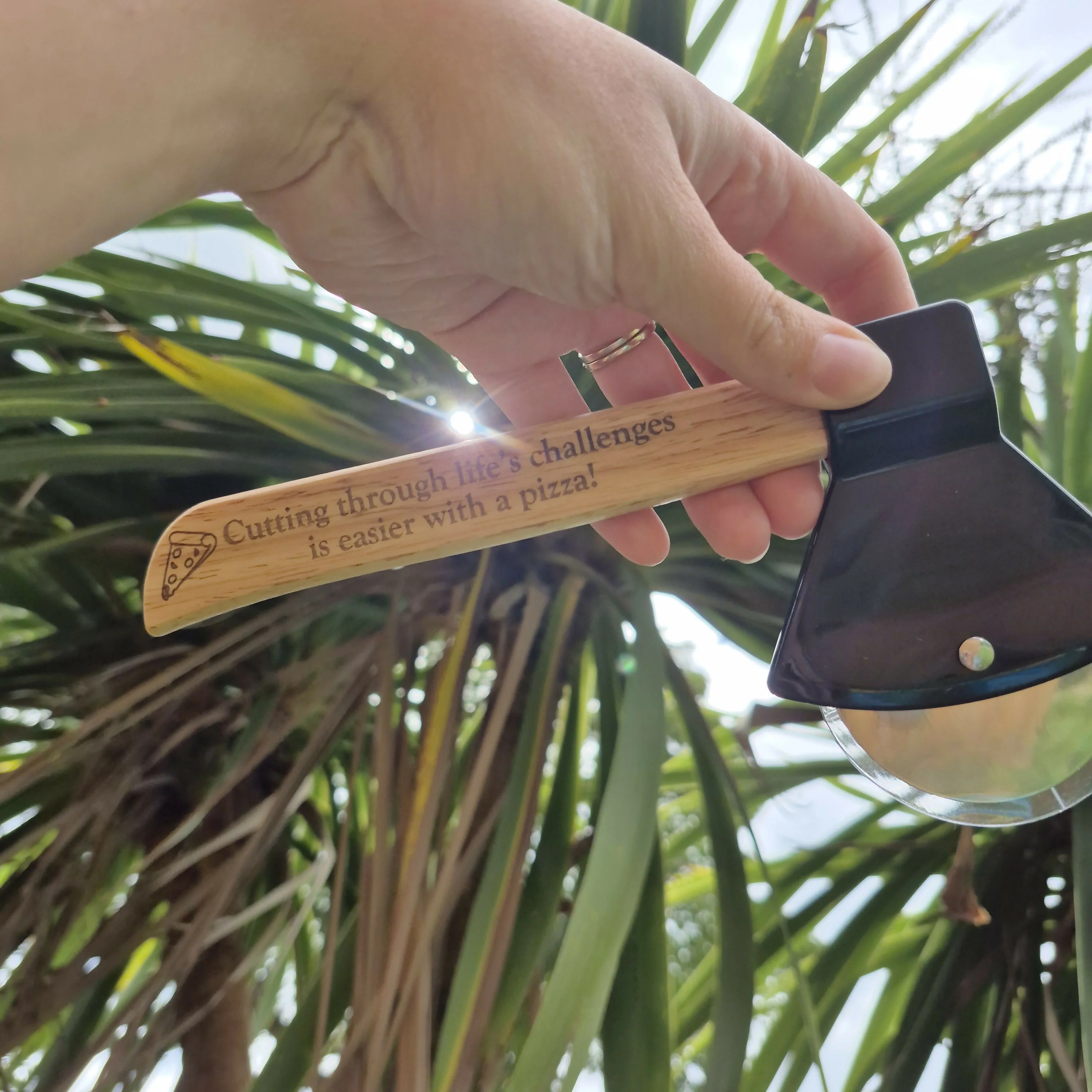 Bamboo Axed Shaped Pizza Cutter - Challenges are easier with pizza - Image 2