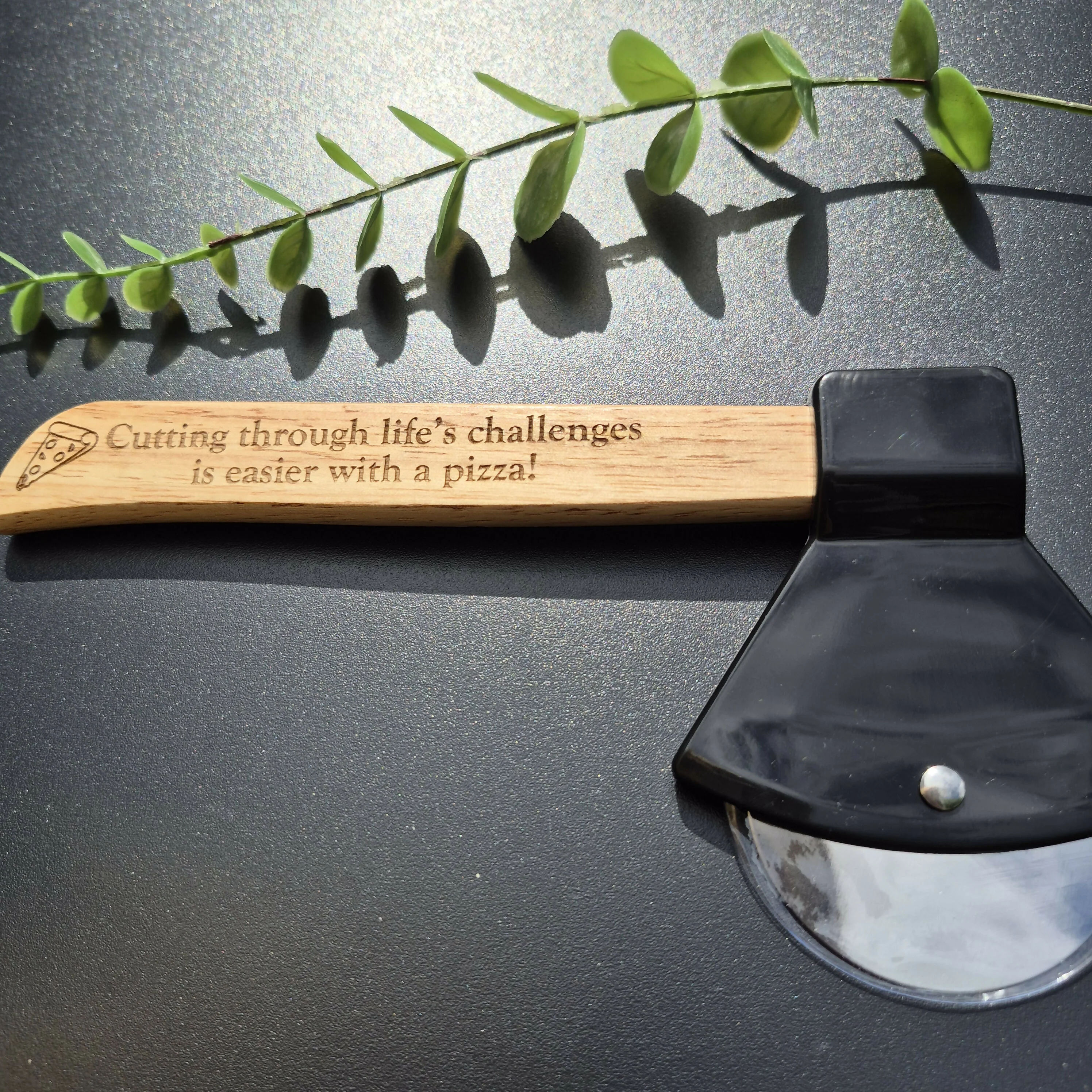 Bamboo Axed Shaped Pizza Cutter - Challenges are easier with pizza - Image 4