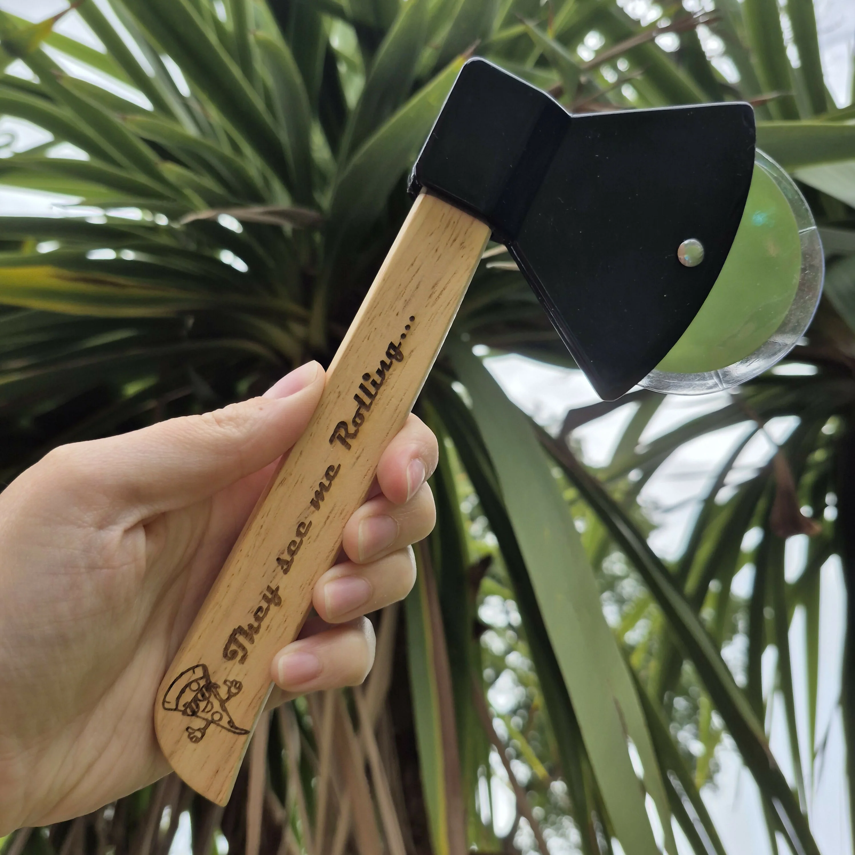 Bamboo Axed Shaped Pizza Cutter - They see me rolling - Image 2