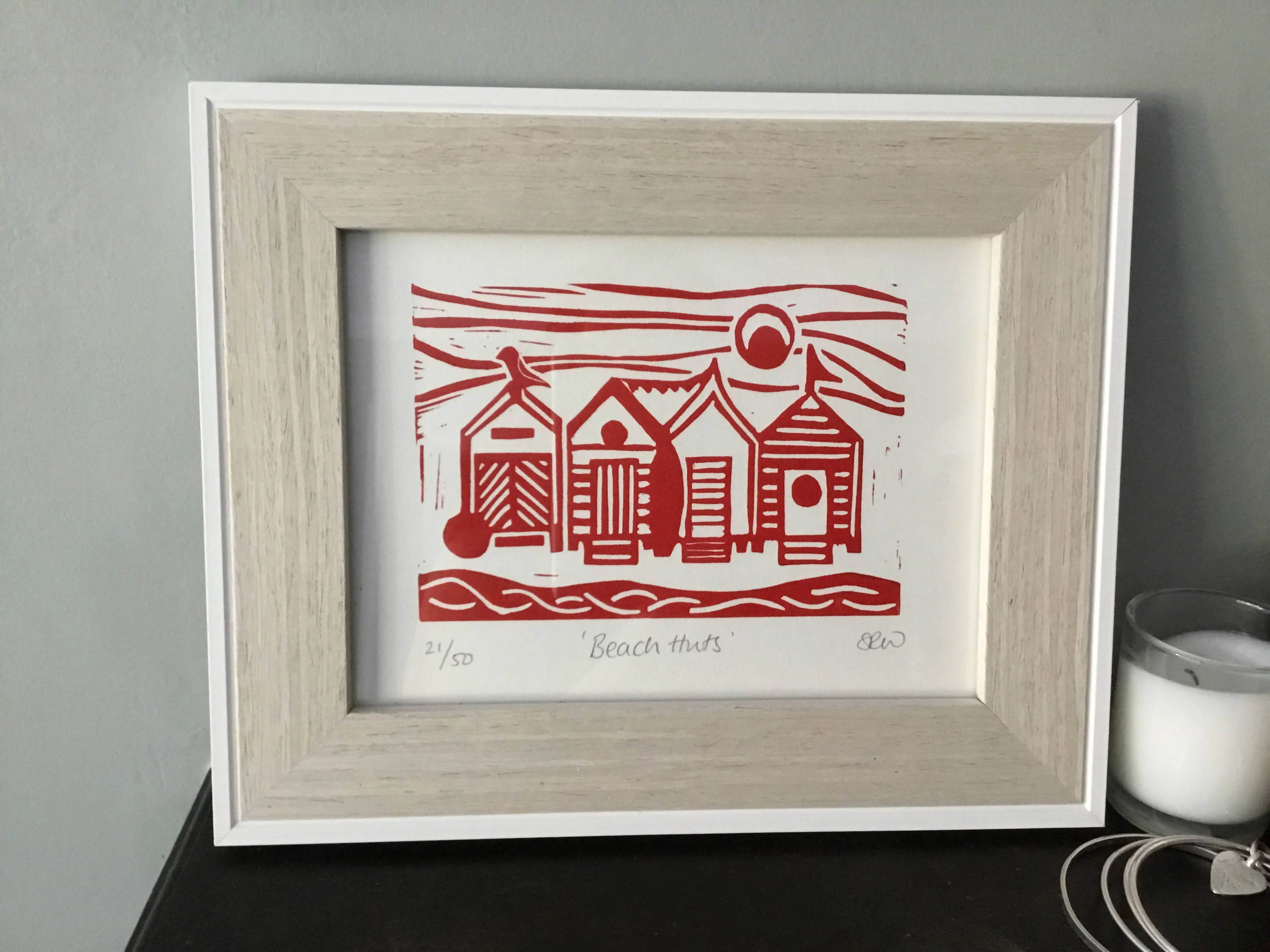 Beach Huts Framed Lino Cut Print - Image 11
