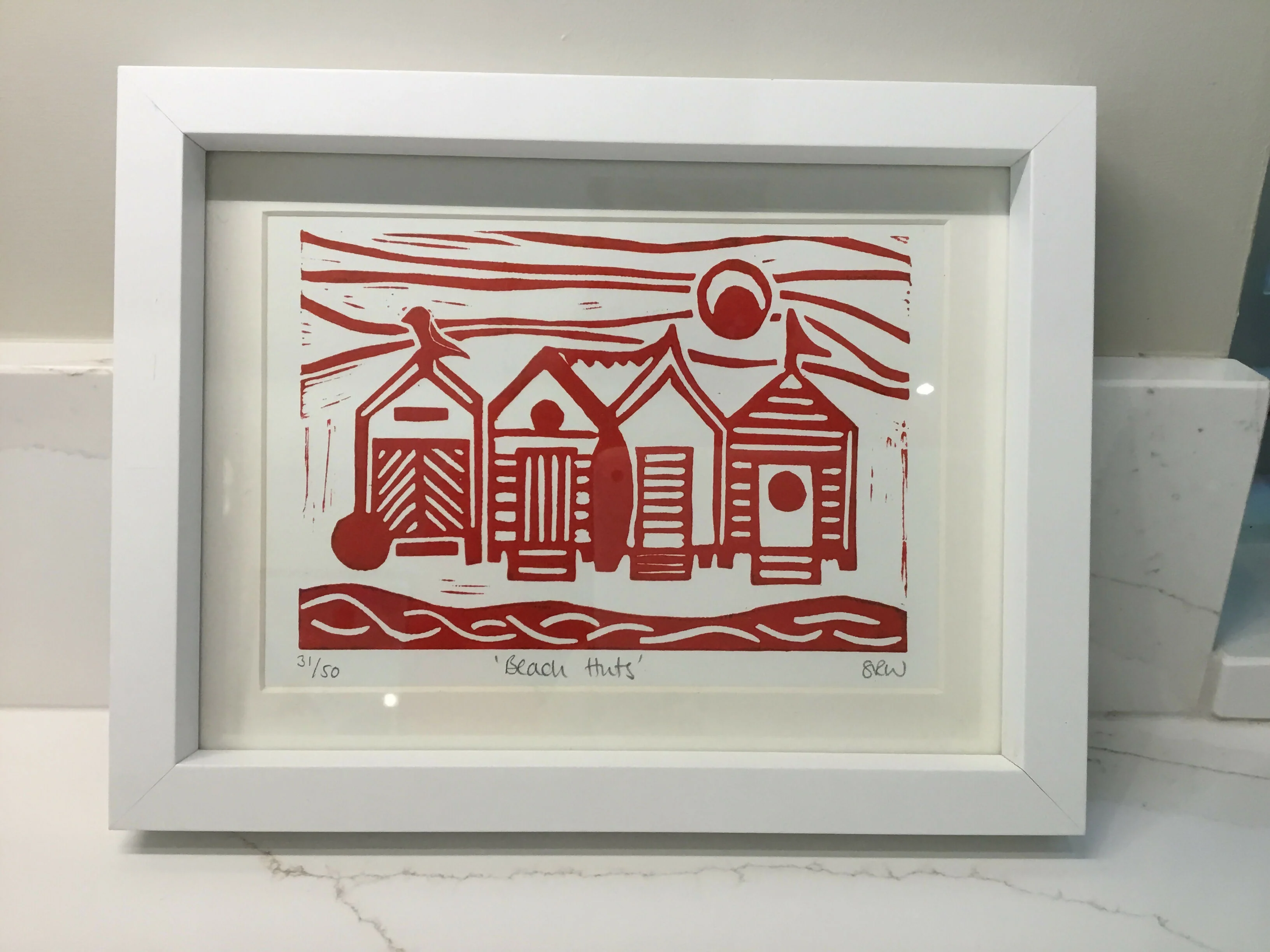 Beach Huts Framed Lino Cut Print - Image 16