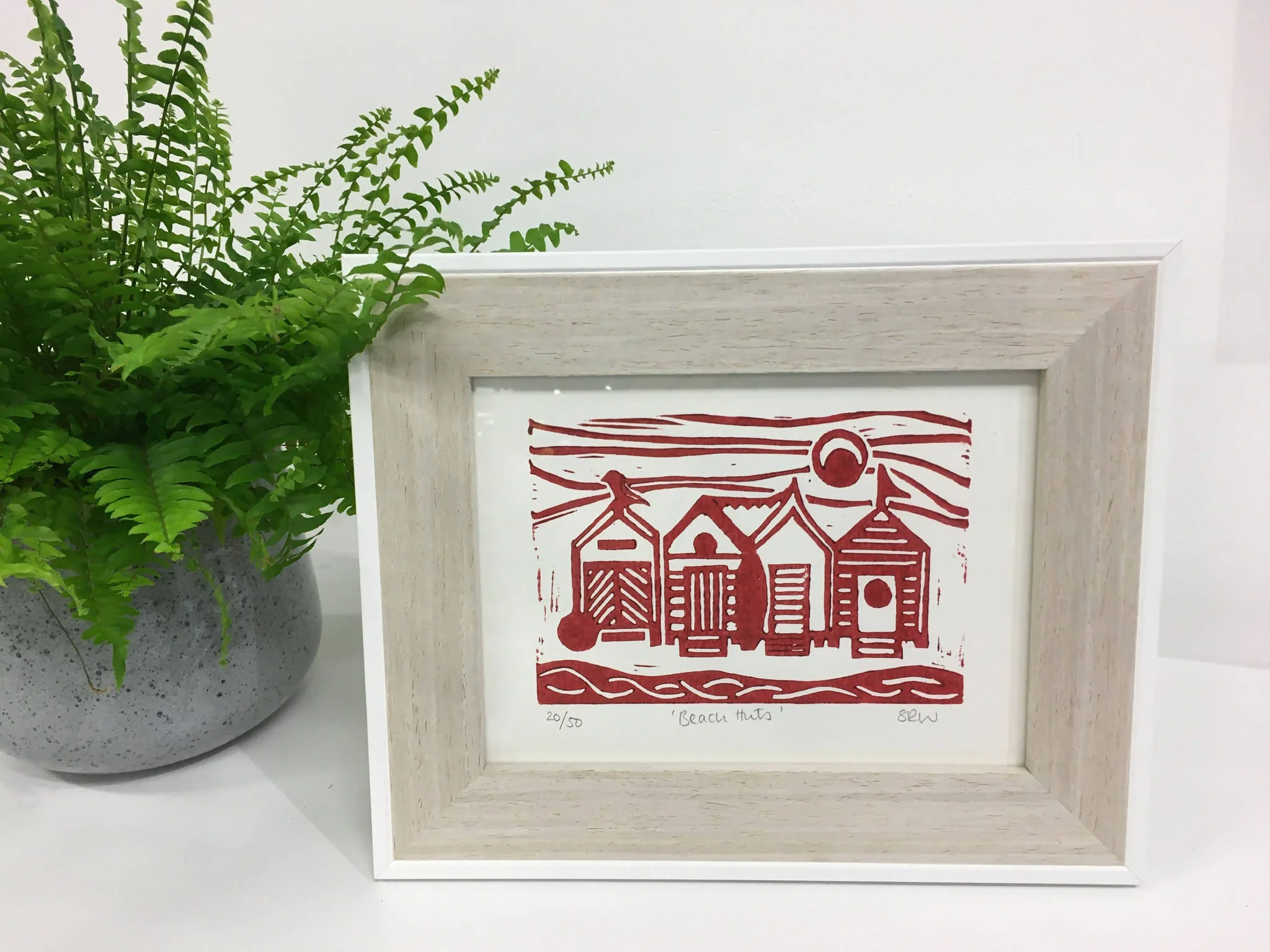 Beach Huts Framed Lino Cut Print - Image 2