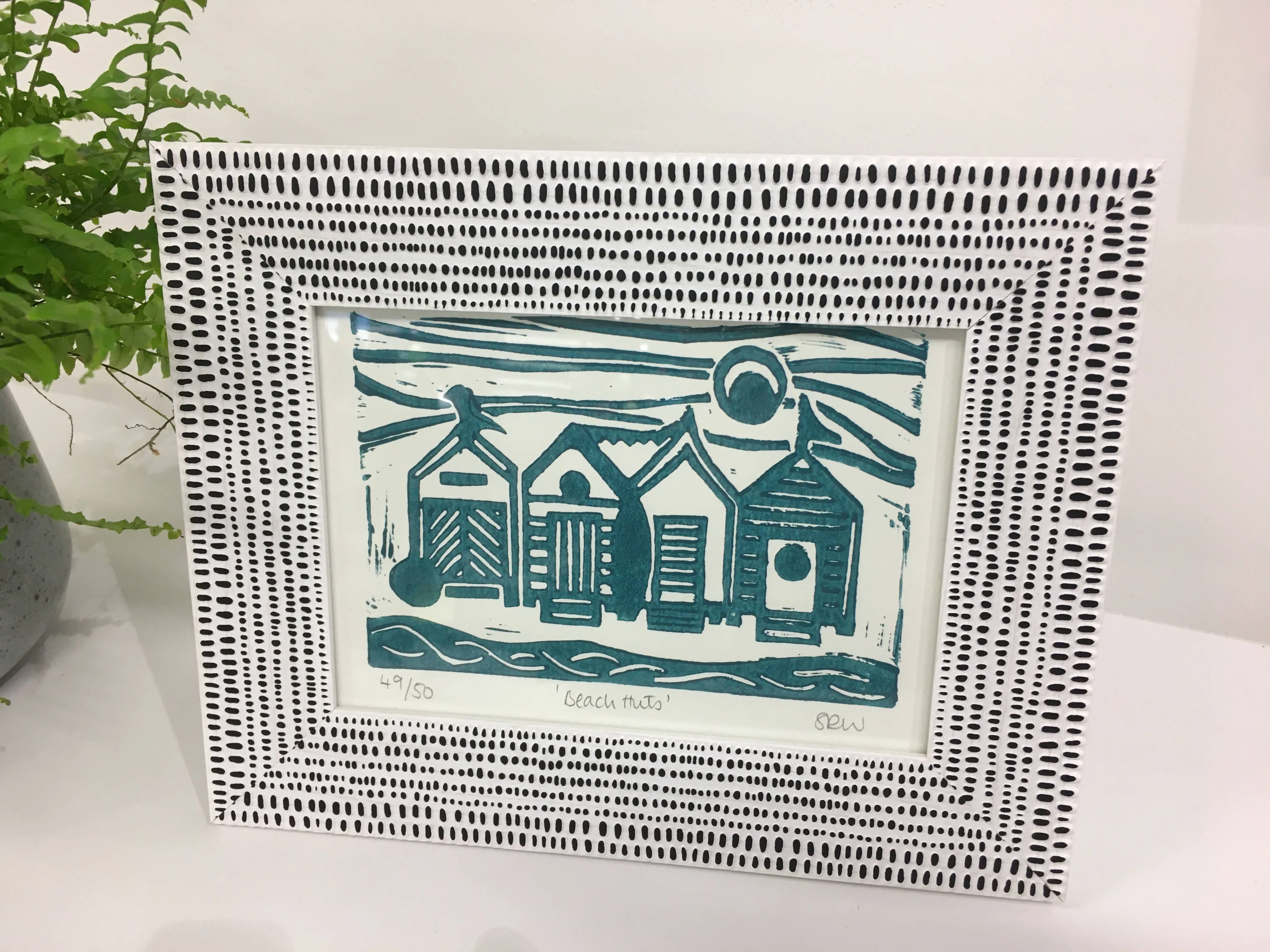 Beach Huts Framed Lino Cut Print - Image 3
