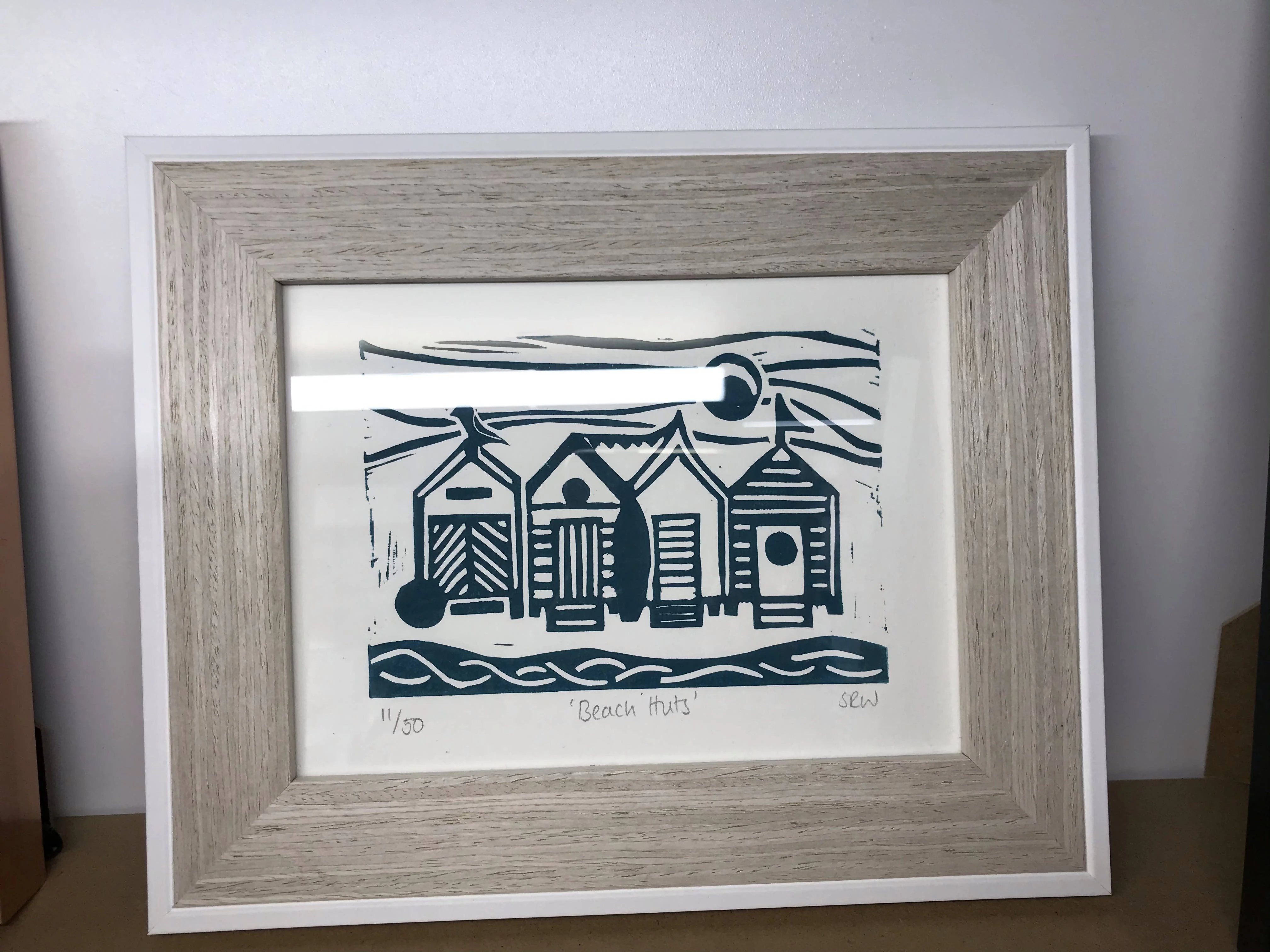 Beach Huts Framed Lino Cut Print - Image 4