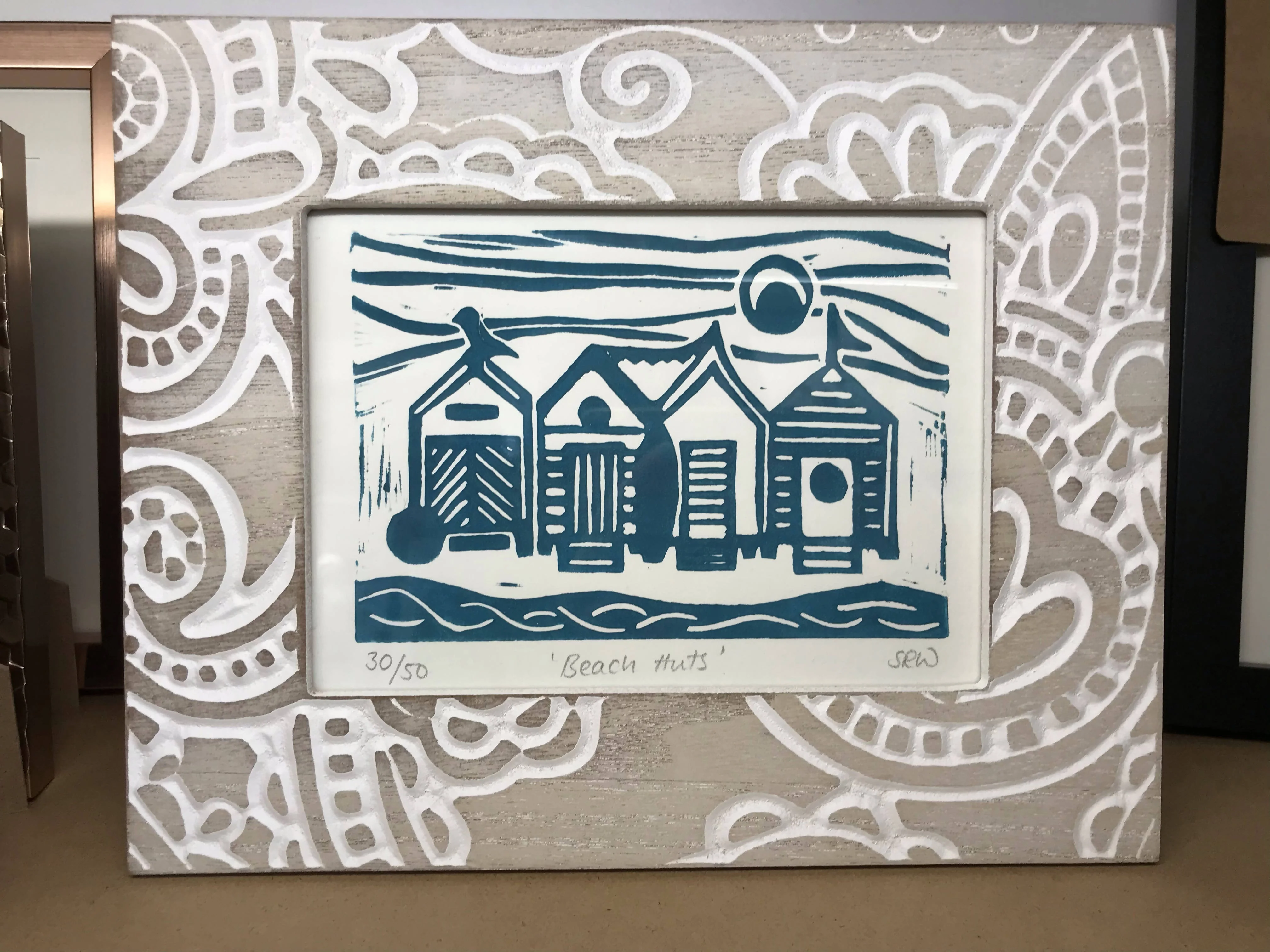 Beach Huts Framed Lino Cut Print - Image 5
