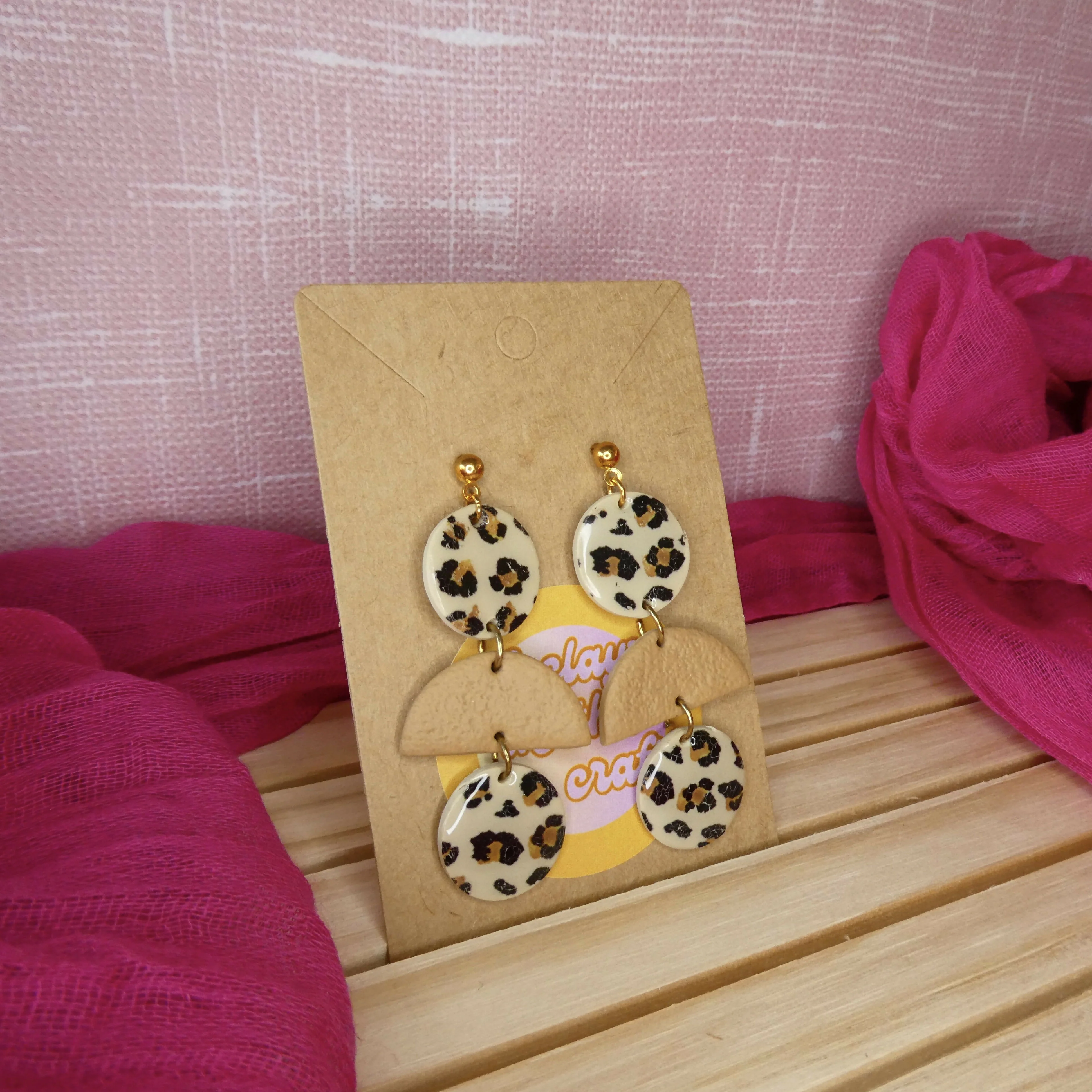 Beige Polymer Clay Earrings With Cheetah Print Discs