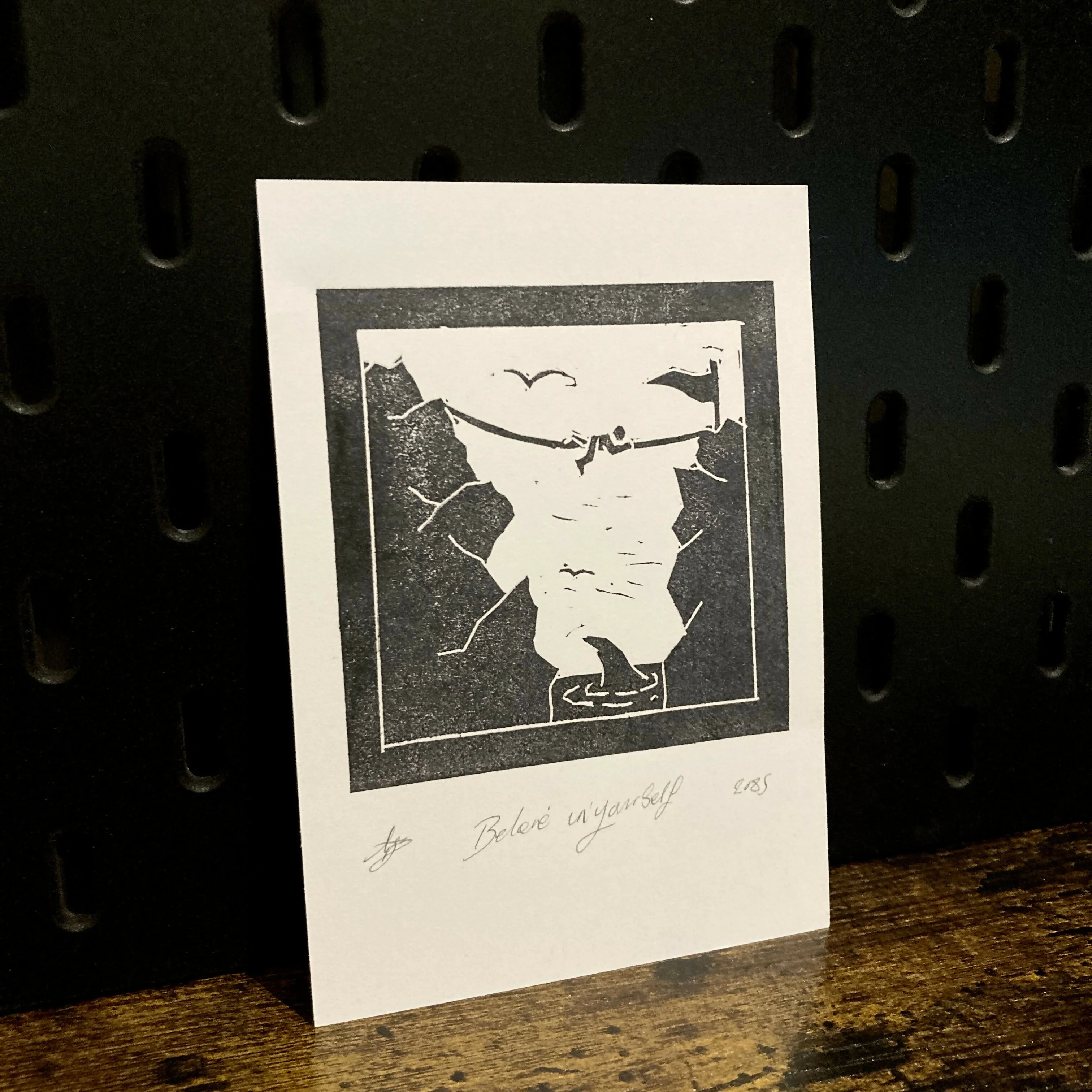 Believe in Yourself - Small Hand Carved Lino Print On Card - Image 3