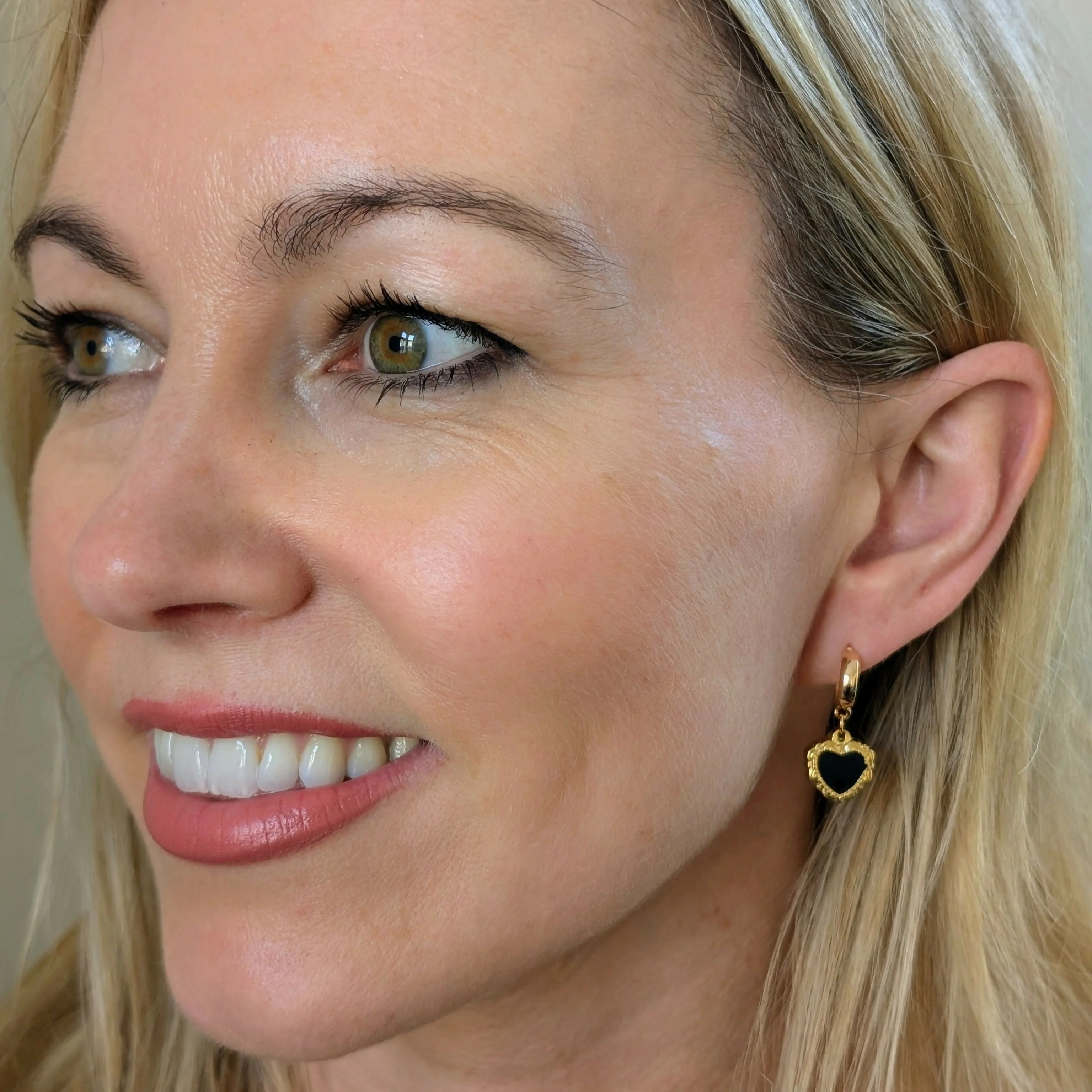 Black Enamel Gold Ornate Heart Earrings on a Gold Plated Half Loop Huggie Stud - Image 2
