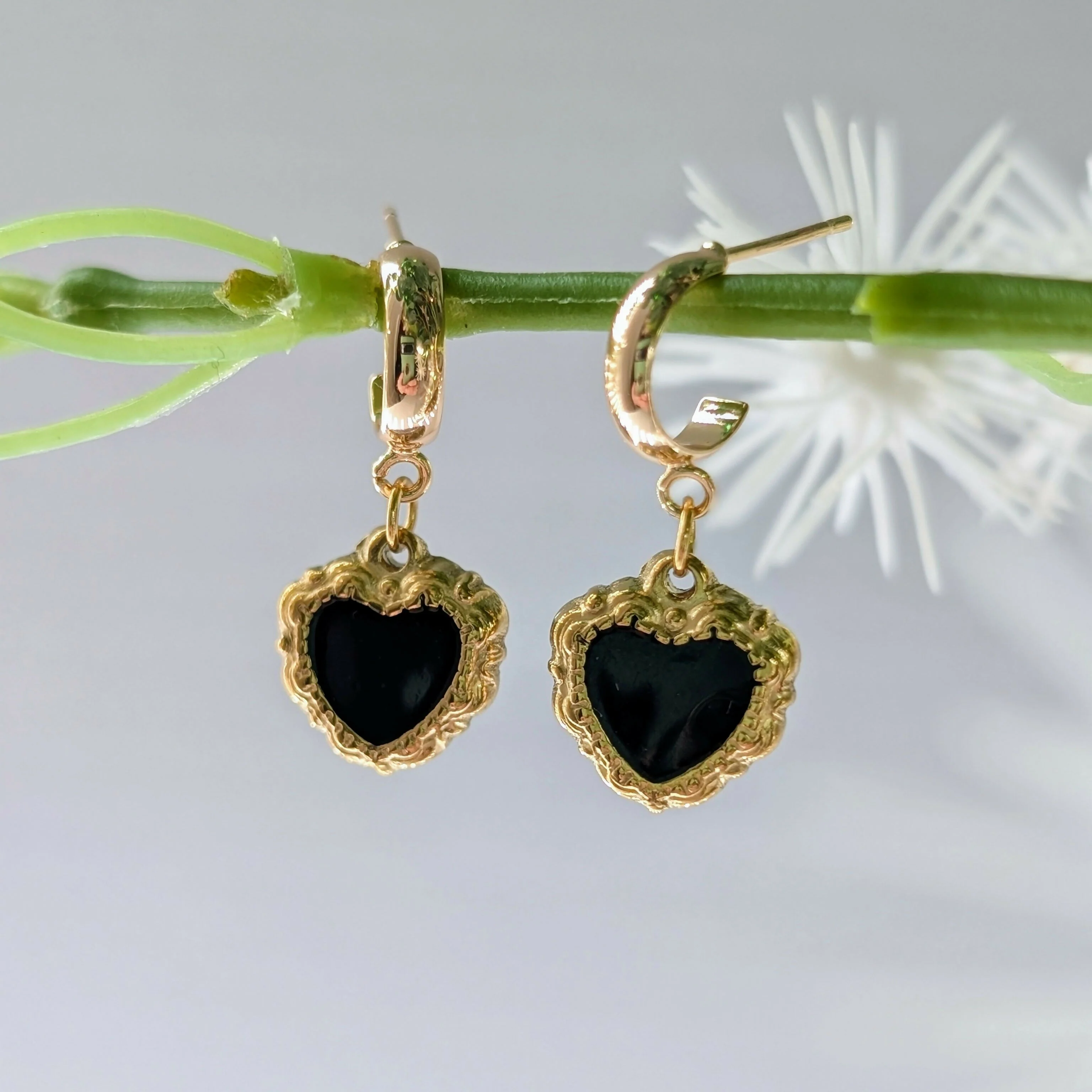 Black Enamel Gold Ornate Heart Earrings on a Gold Plated Half Loop Huggie Stud - Image 3