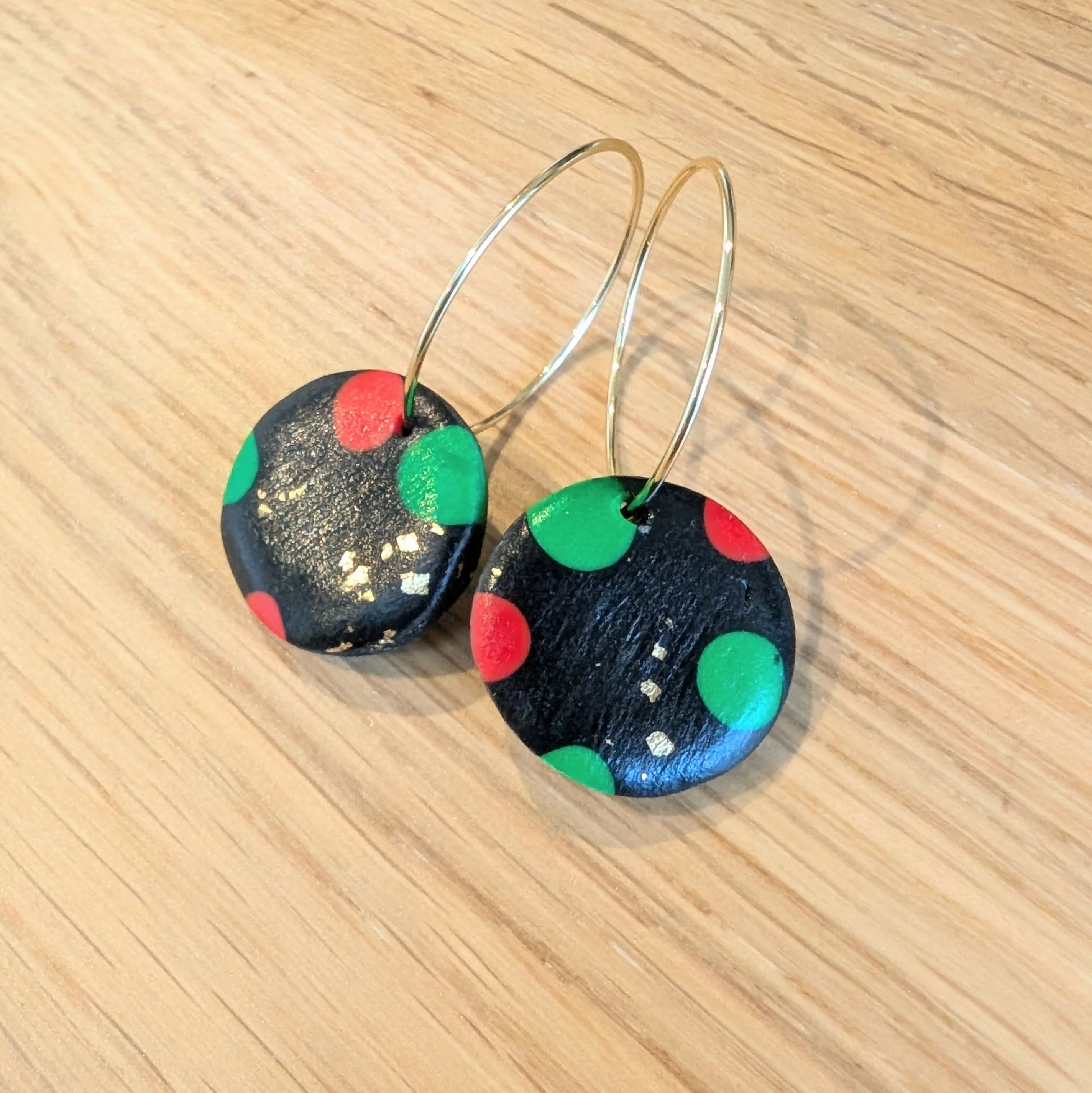 Black, Red, Green & Gold Circle Hoop Handmade Polymer Clay Earrings - Image 2