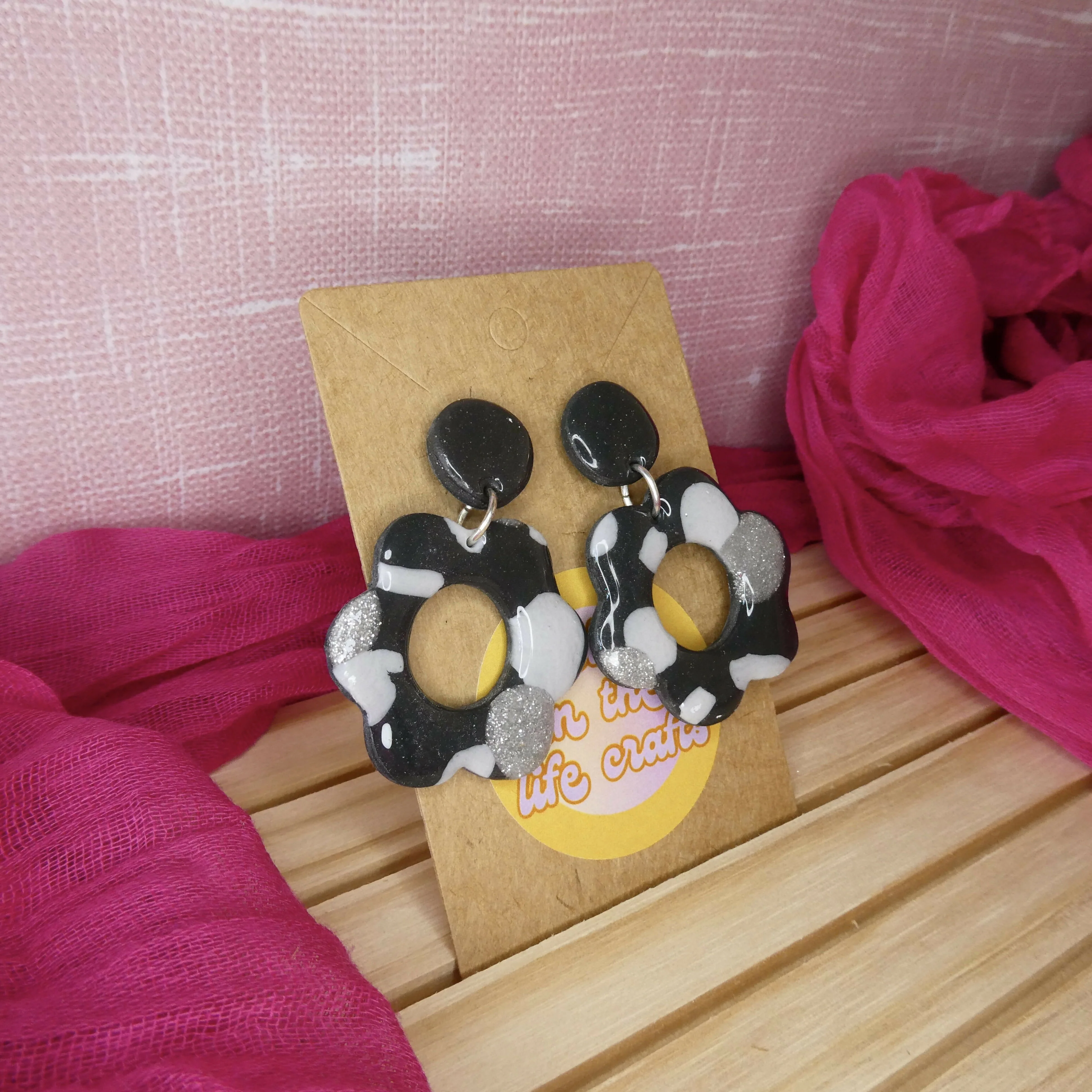 Black, White And Silver Flower Polymer Clay Earrings