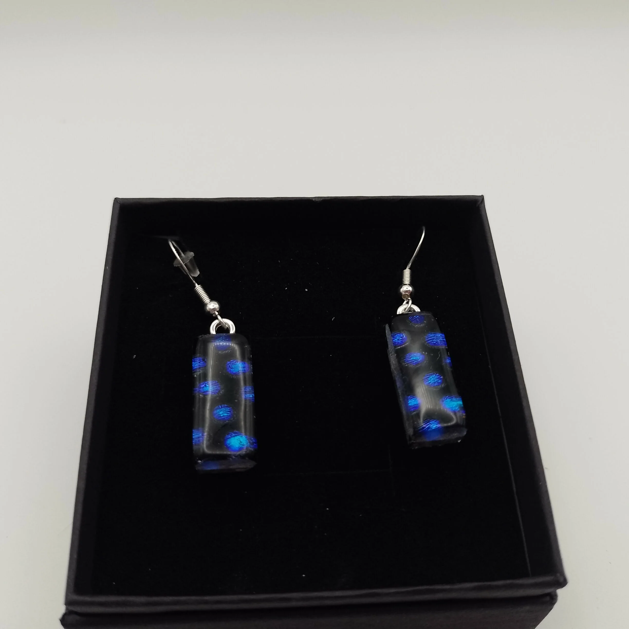 Black with Blue Spot Dichroic Glass Earrings - Image 2
