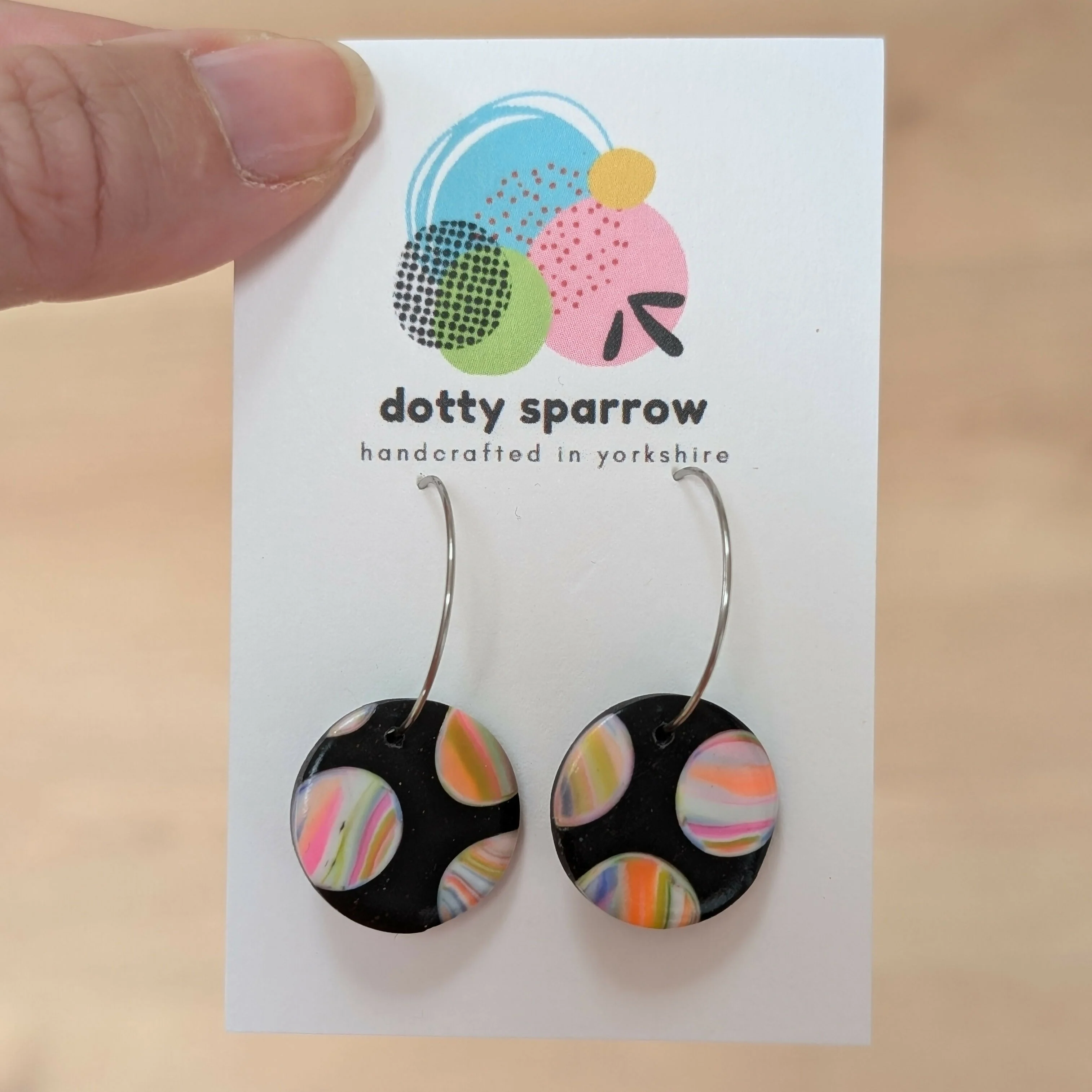 Black With Neon Marbles Circle Hoop Handmade Polymer Clay Earrings
