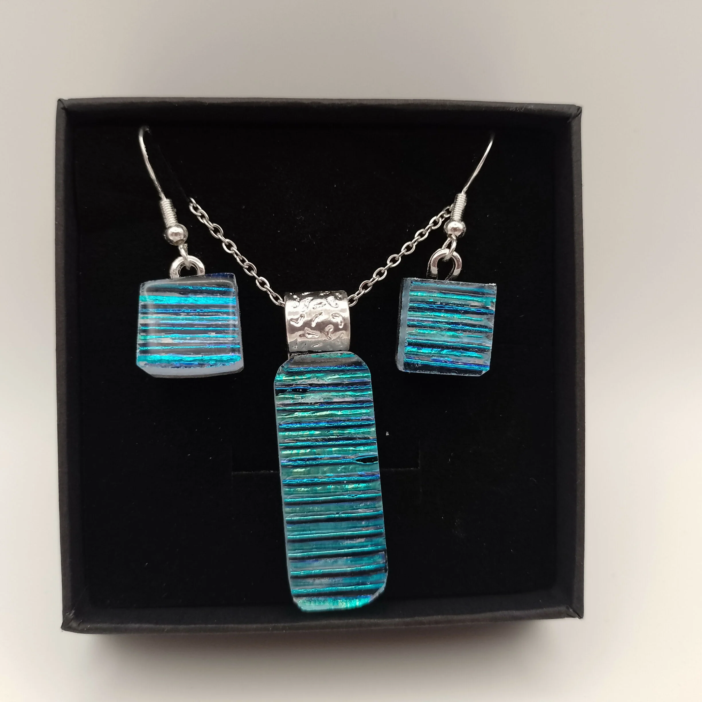Blue and Green Dichroic Glass Pendant and Earring Set - Image 2