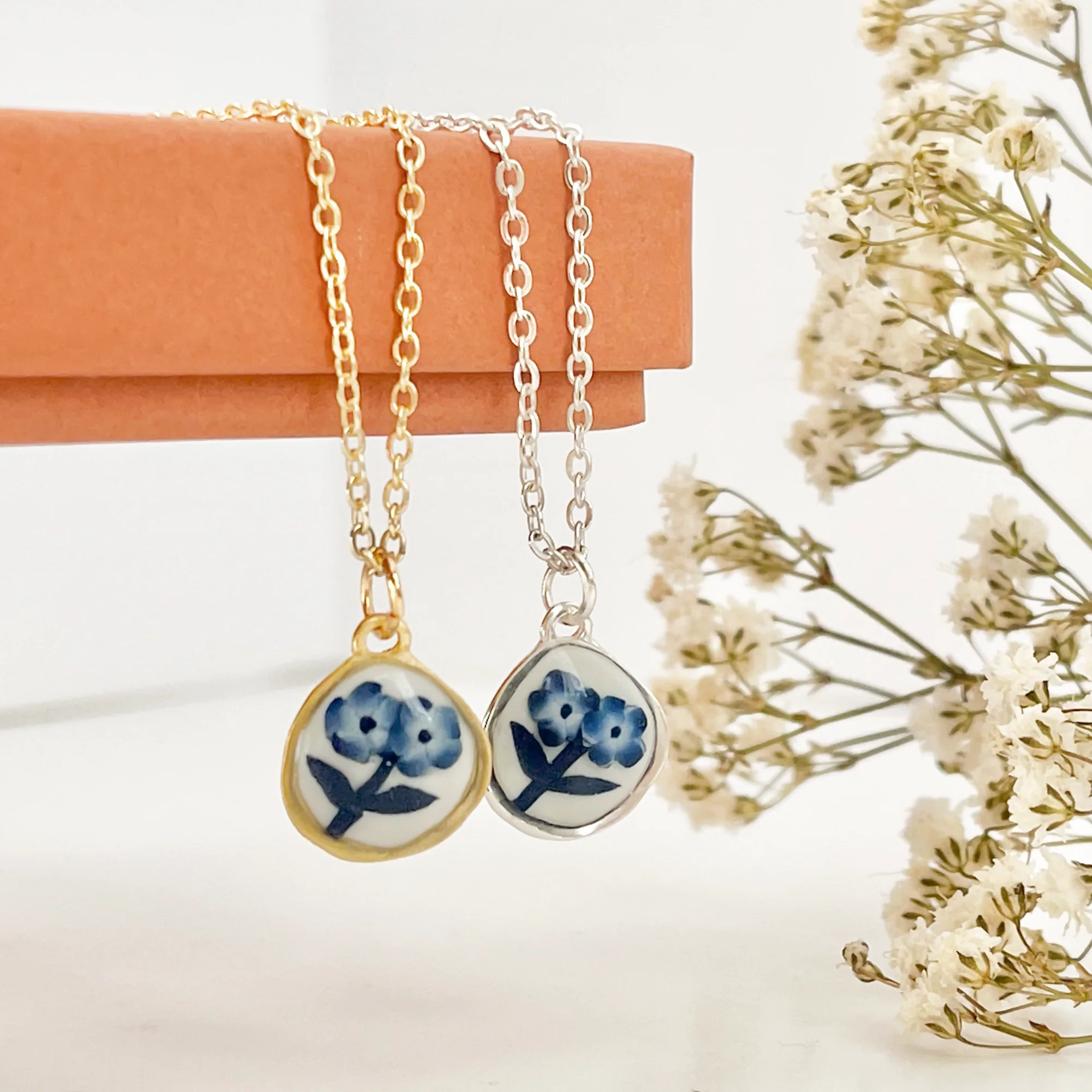 Blue China Necklace No. 1 - Handmade Polymer Clay Necklace - Image 2