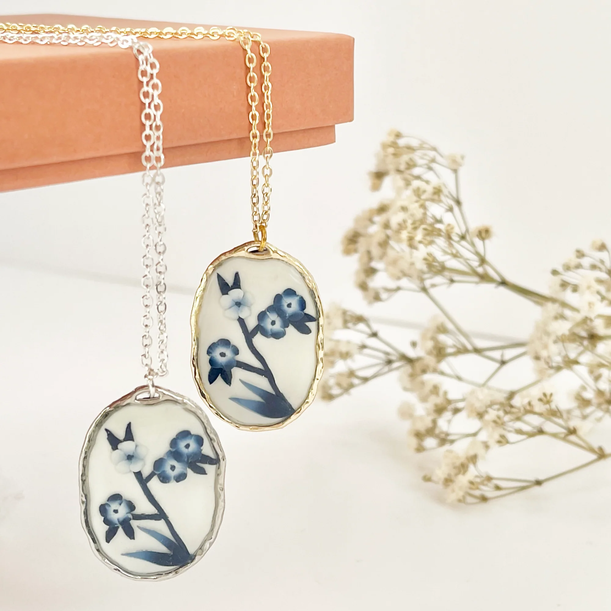 Blue China Necklace No. 3 - Handmade Polymer Clay Necklace - Image 2