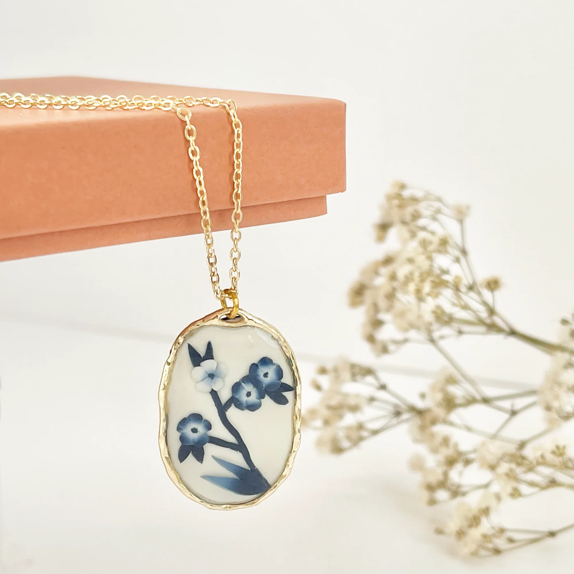 Blue China Necklace No. 3 - Handmade Polymer Clay Necklace - Image 3