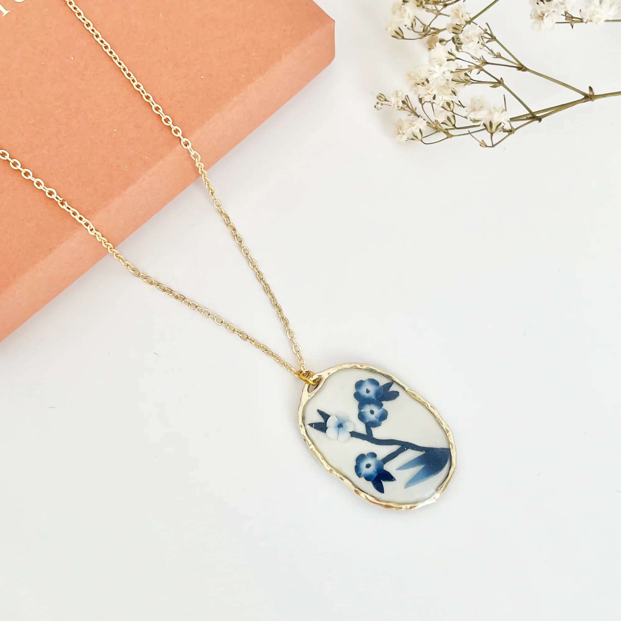Blue China Necklace No. 3 - Handmade Polymer Clay Necklace - Image 4