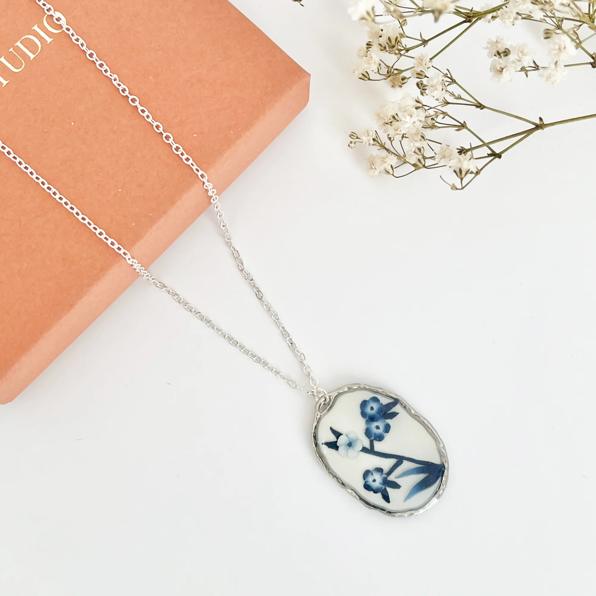 Blue China Necklace No. 3 - Handmade Polymer Clay Necklace - Image 7