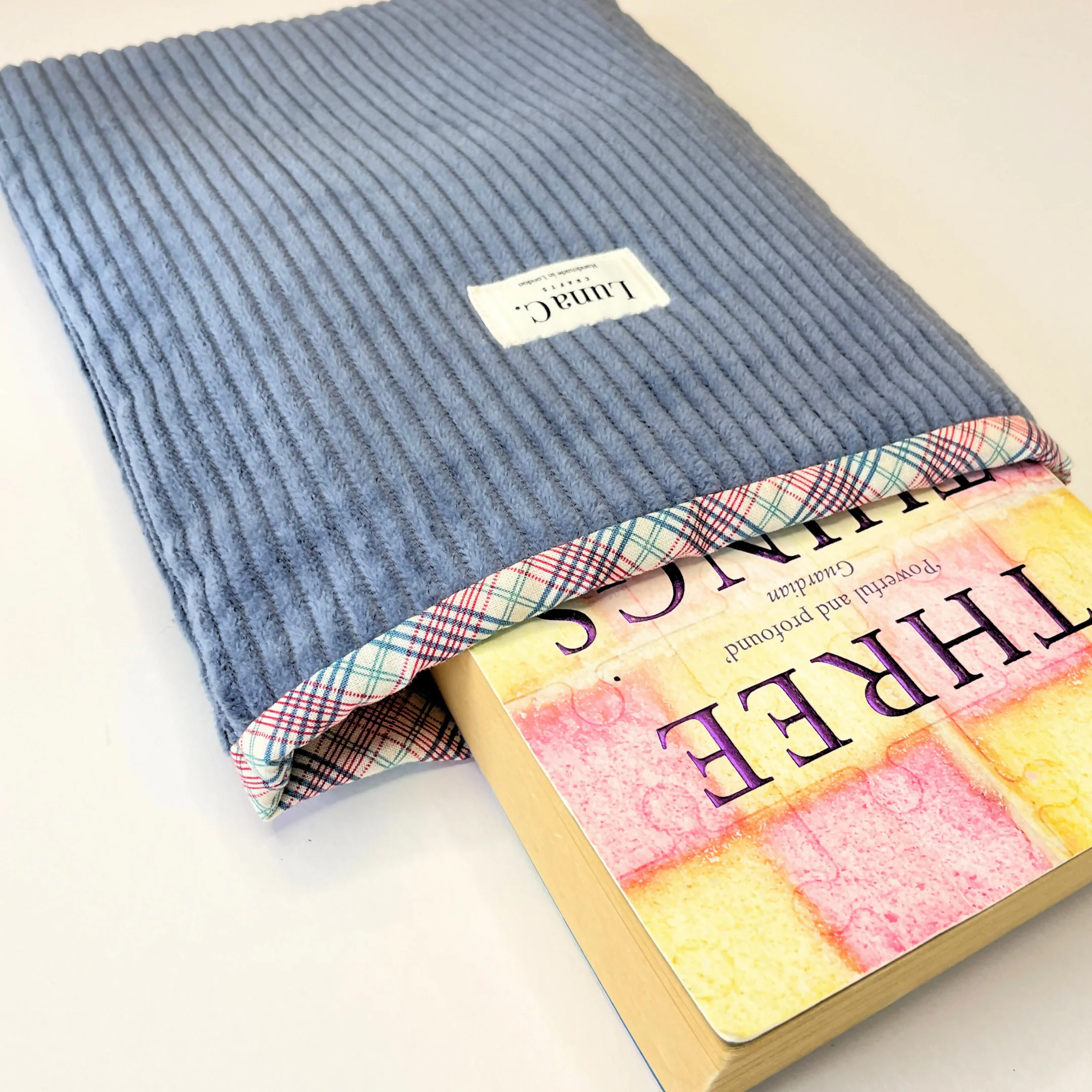 Blue Corduroy Multicolour Plaid Lining Book Sleeve - Image 3
