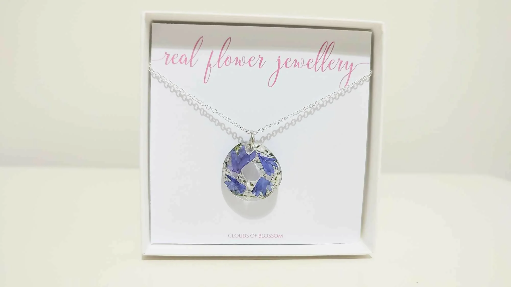 Blue Corn Flower and Lace Flower Donut 3D Silver Plated Necklace