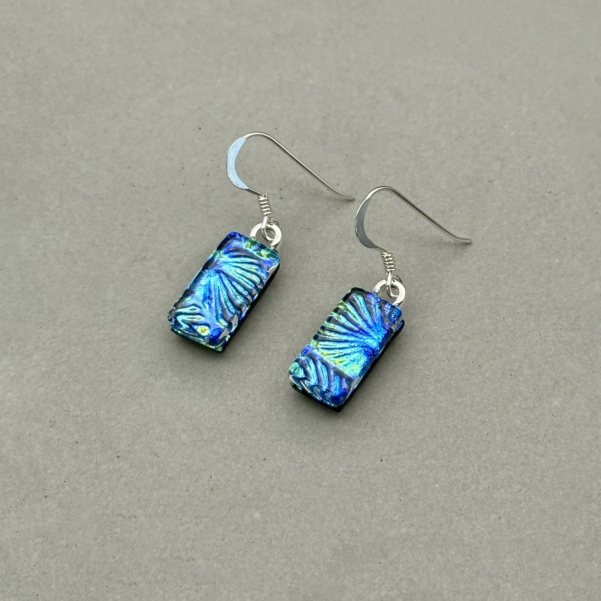 Blue & Green Flower Dichroic Fused Glass Dangle Sterling Silver Earrings - Handmade by Jade Tapson Glass. - Image 2