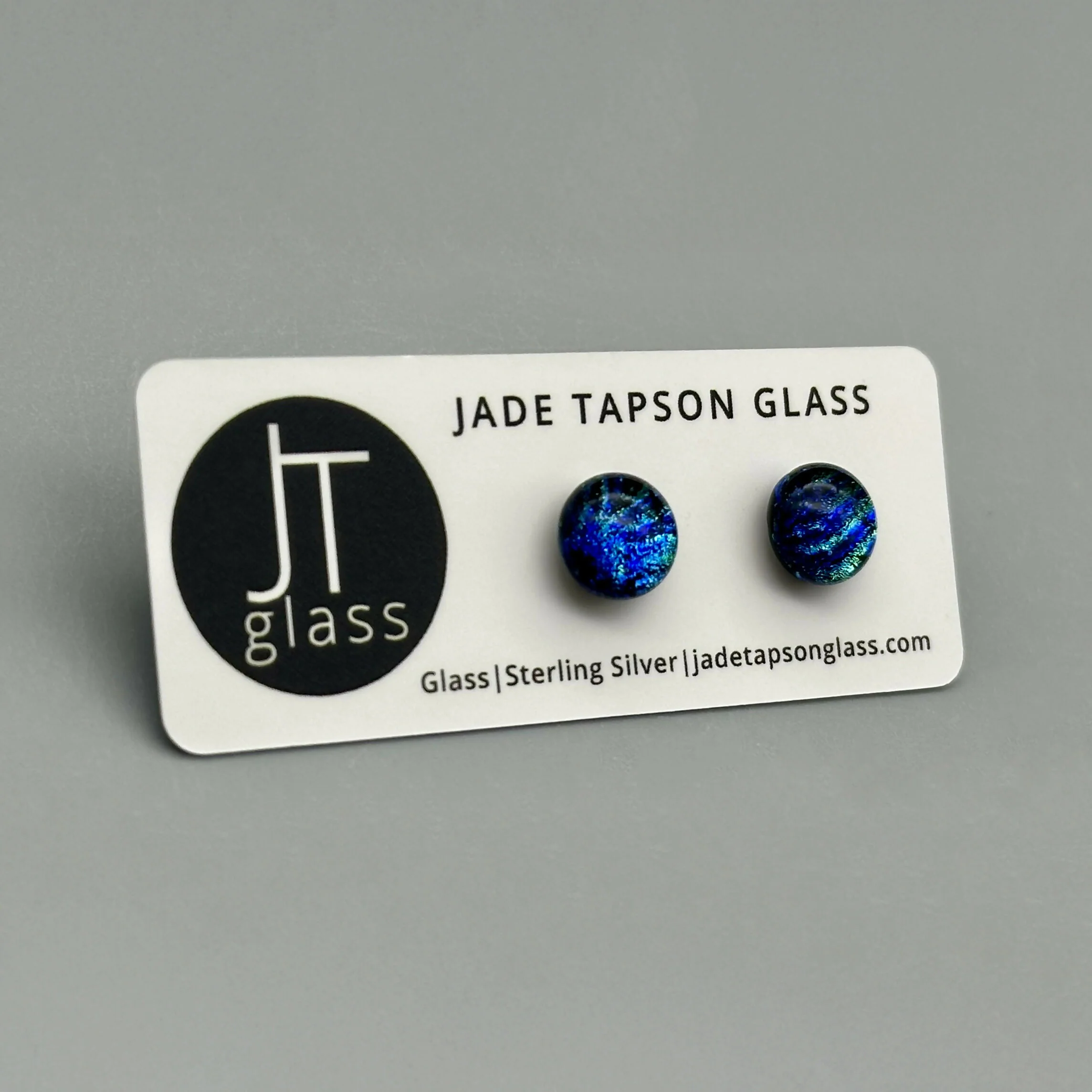 Blue & Green Flower Dichroic Fused Glass Sterling Silver Stud Earrings - Handmade by Jade Tapson Glass. - Image 3