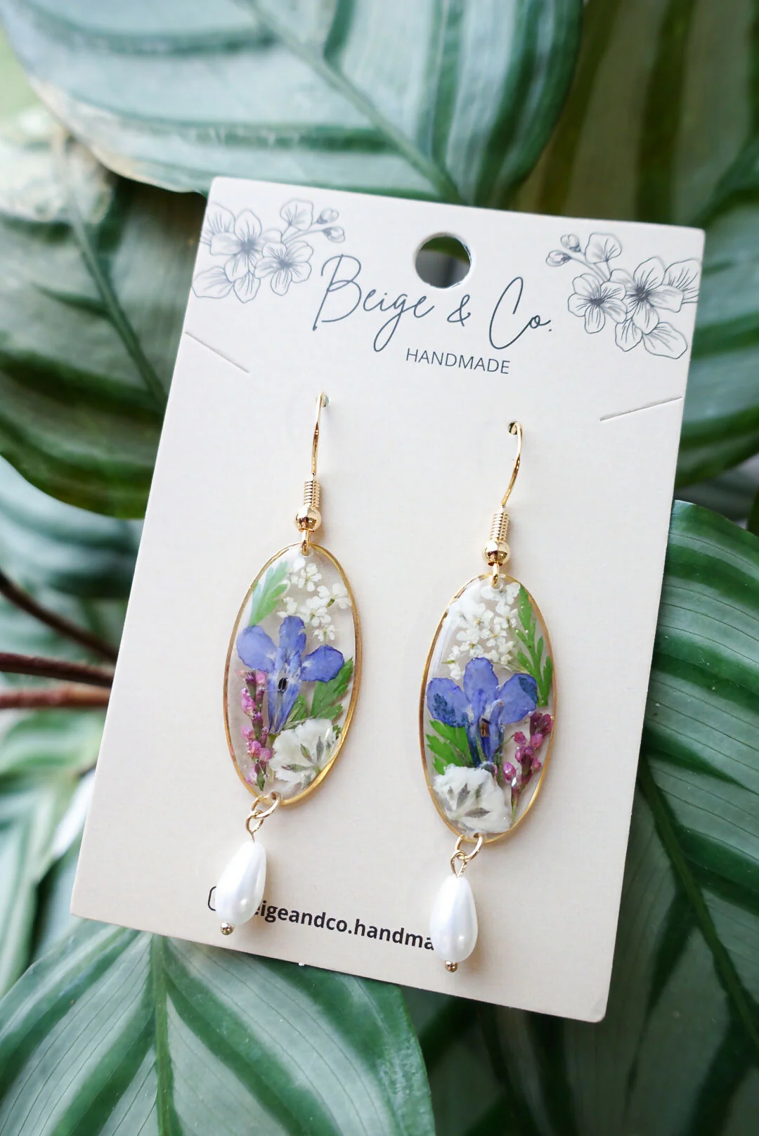 Blue Lobelia Pearl Pressed Flower Earrings - Image 2