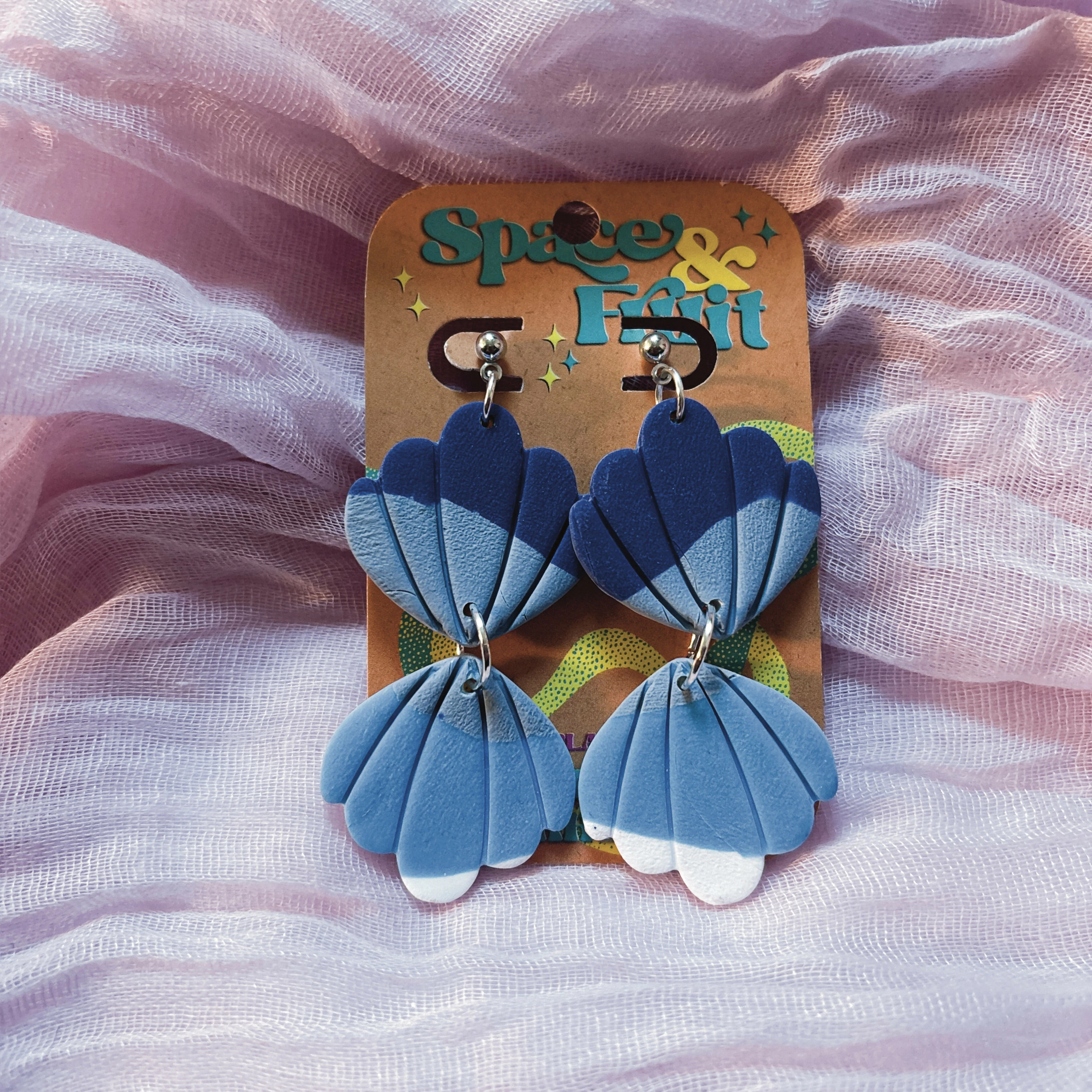Blue Ombré Seashell Tiered Polymer Clay Earrings