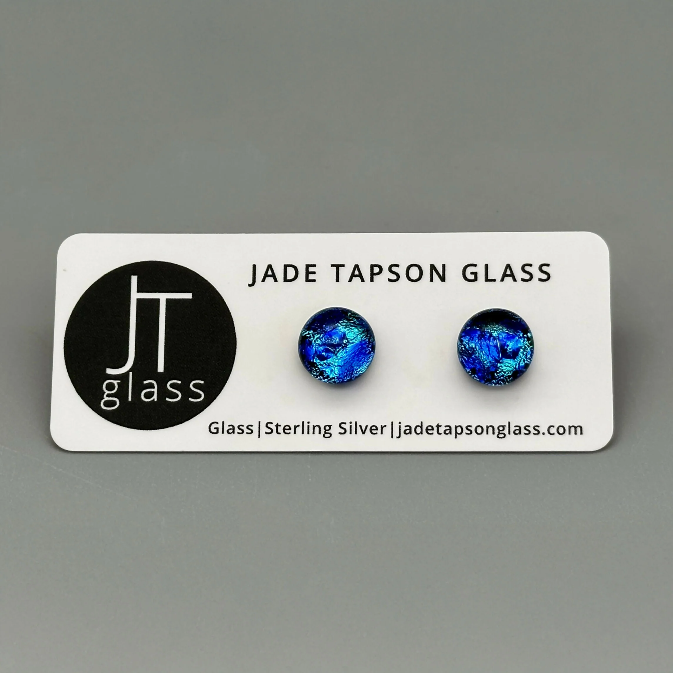 Blue Raindrop Dichroic Fused Glass Sterling Silver Stud Earrings - Handmade by Jade Tapson Glass.
