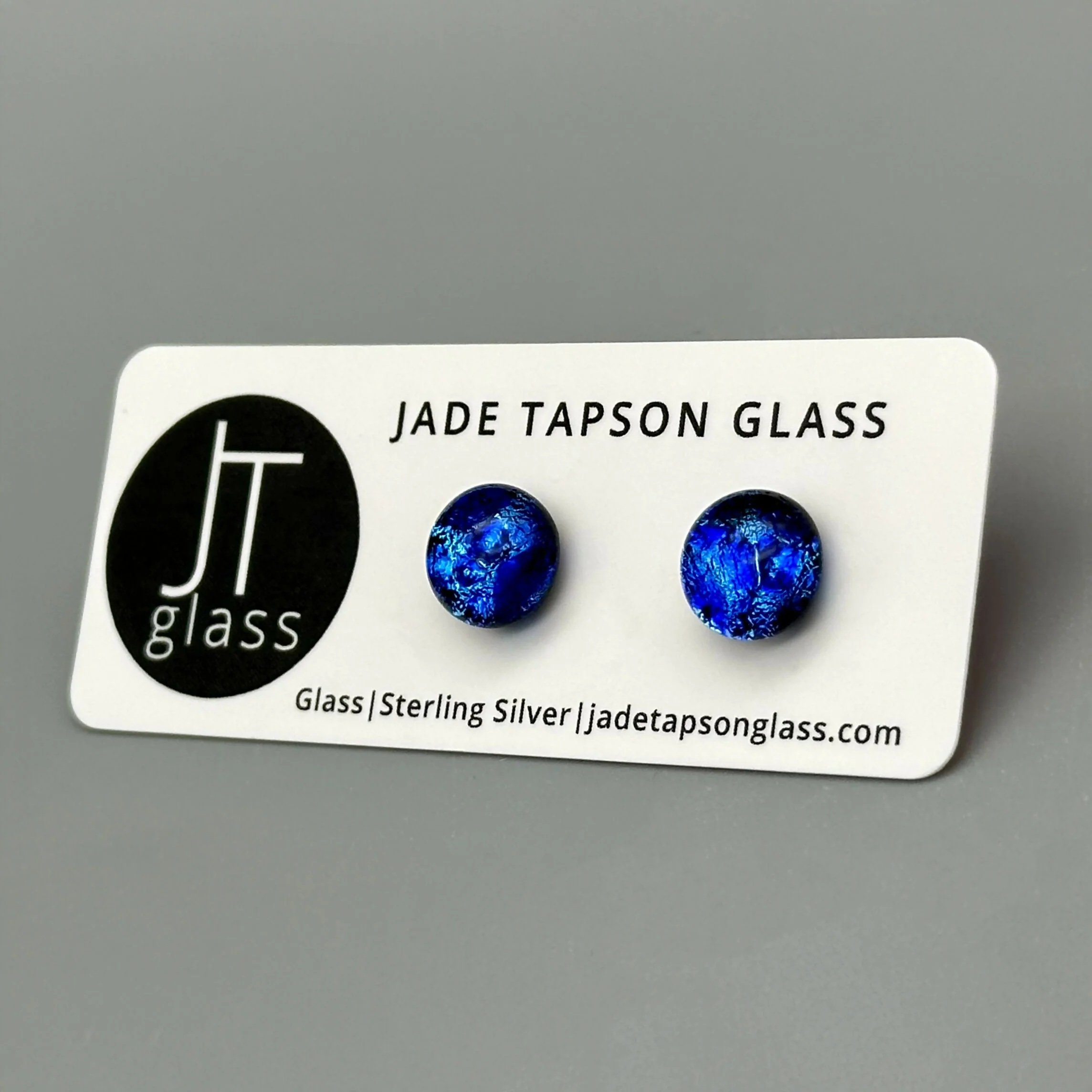 Blue Raindrop Dichroic Fused Glass Sterling Silver Stud Earrings - Handmade by Jade Tapson Glass. - Image 2