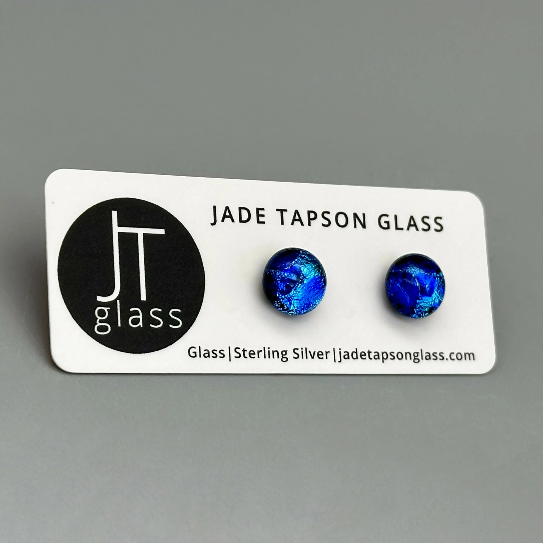 Blue Raindrop Dichroic Fused Glass Sterling Silver Stud Earrings - Handmade by Jade Tapson Glass. - Image 3