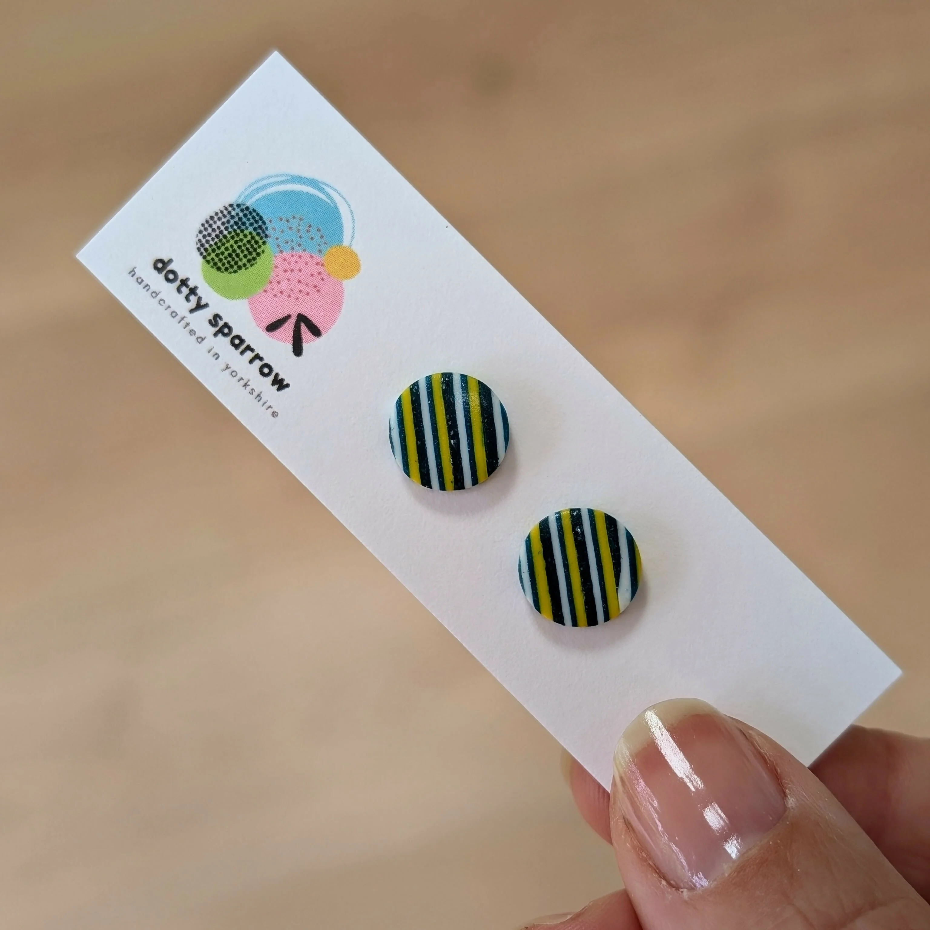 Blue, Yellow & White Striped Handmade Polymer Clay Stud Earrings