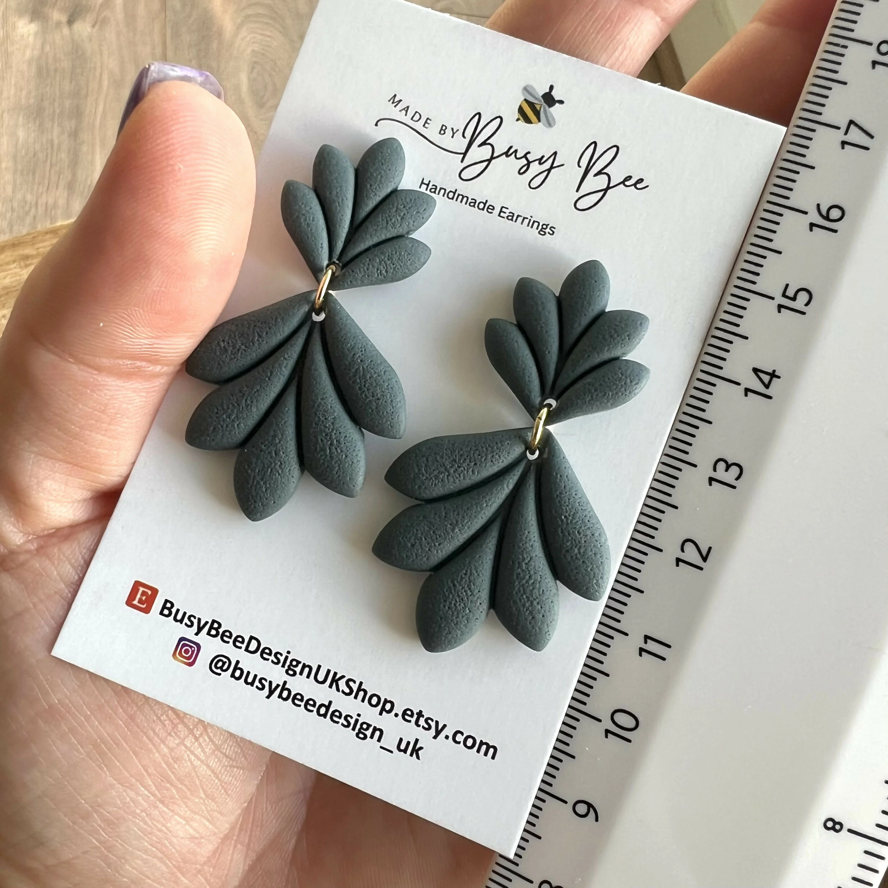Boho Dark Blue Green Autumn Leaf Earrings /Statement Dangle Polymer Clay Earrings / Handmade Minimalist Jewellery - Image 3