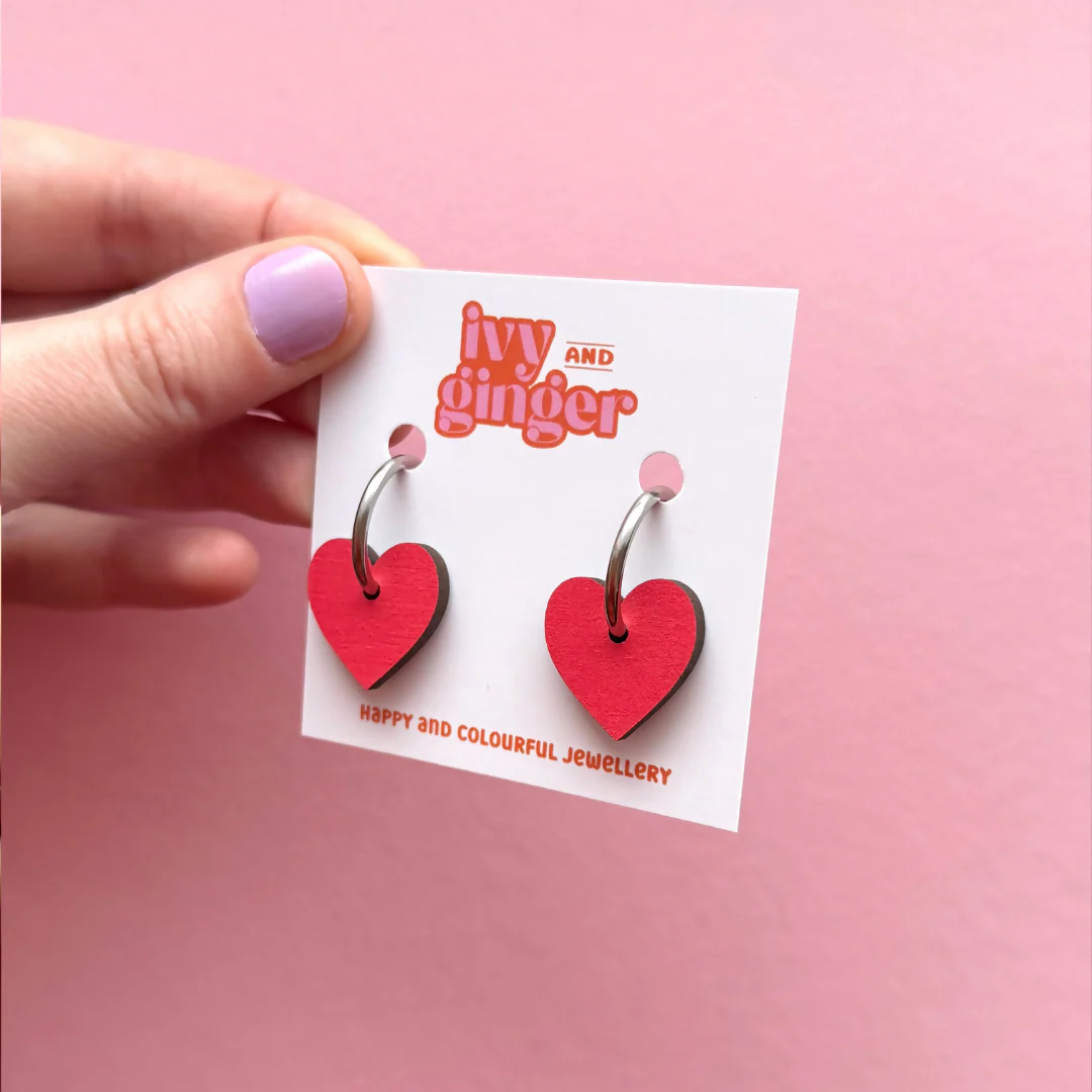Bright Red Small Heart Hoop Earrings - Image 3