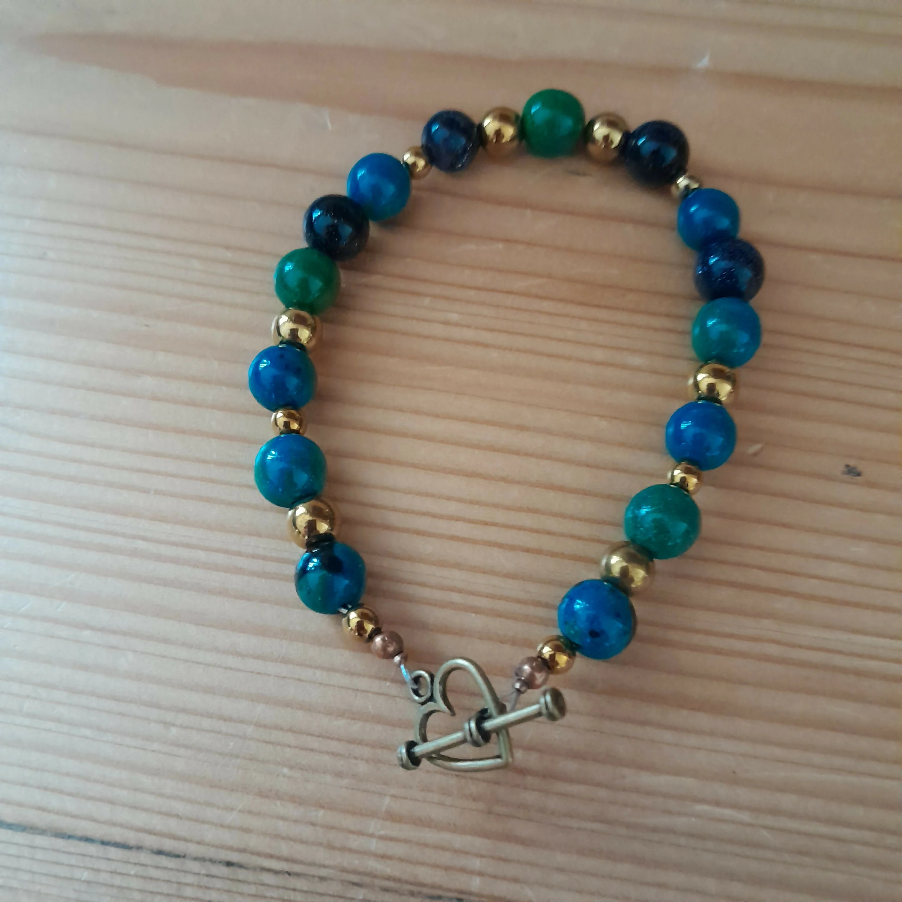 Bronze Toggle Catch Bracelet with Bronze Hematite, Chrysocolla and Navy Goldstone.