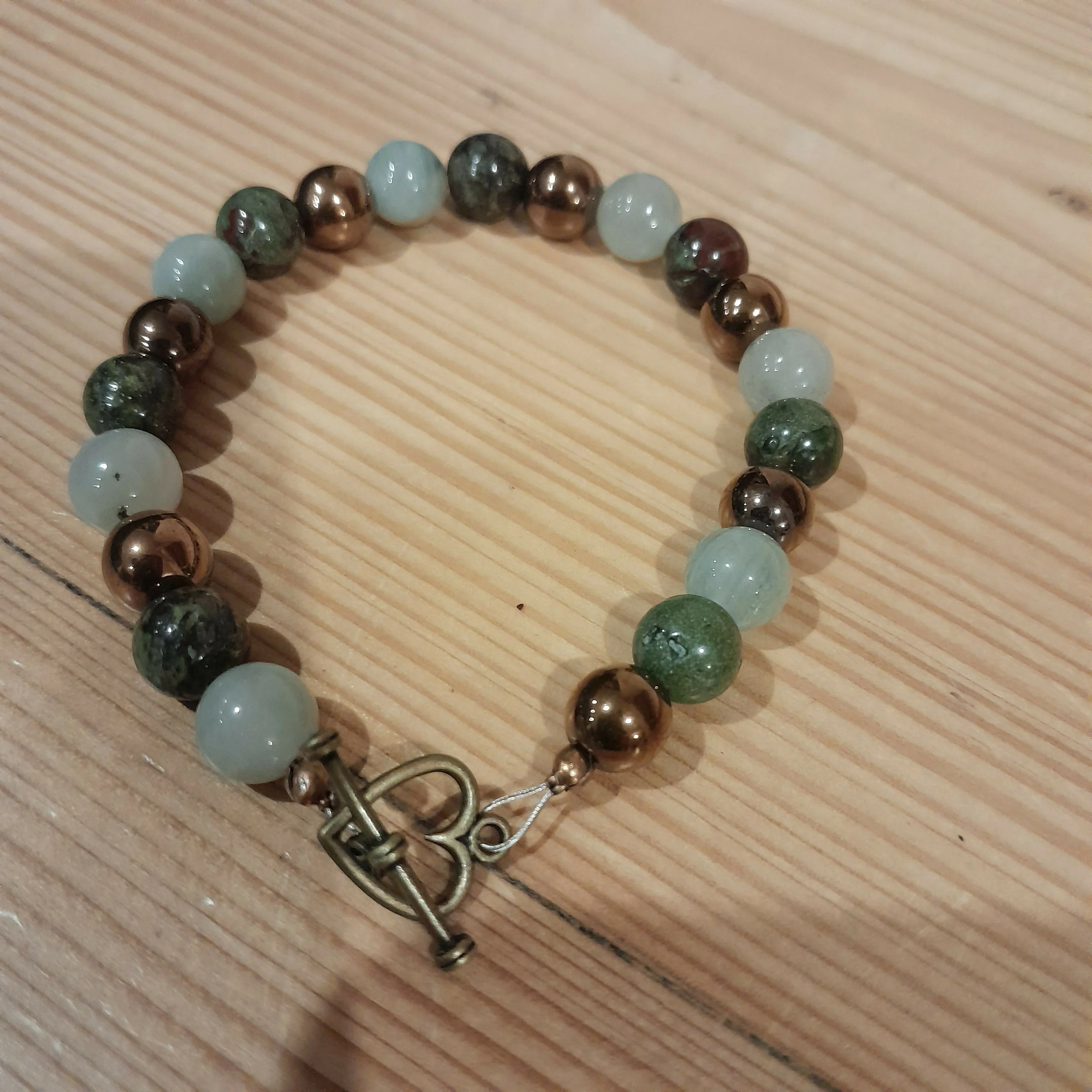 Bronze Toggle Catch Bracelet with Green Jade, Dragon's Blood Jasper and Copper Hematite.