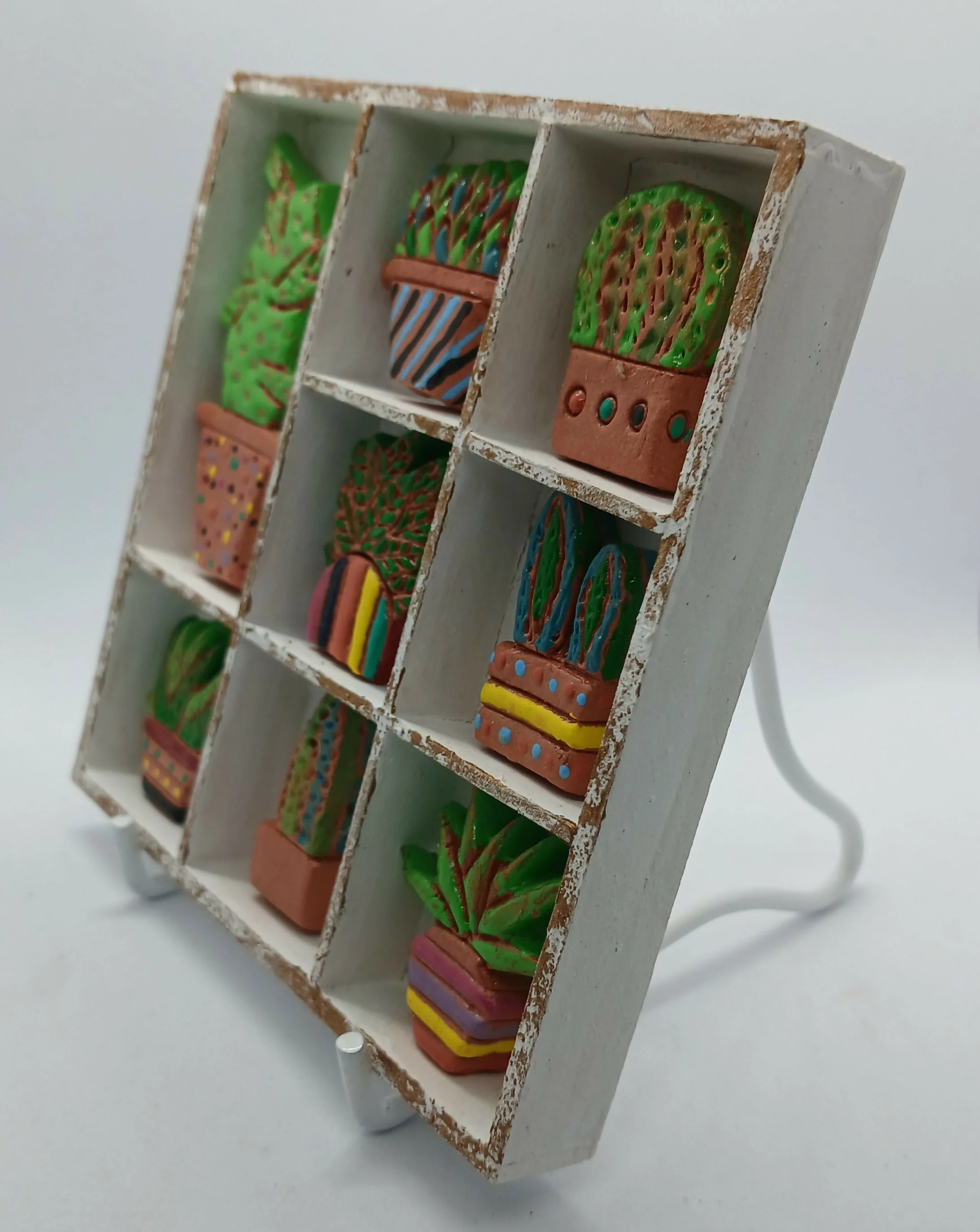 Cactus and Plant Filled Small Wooden White Painted Trinket Tray - Image 3