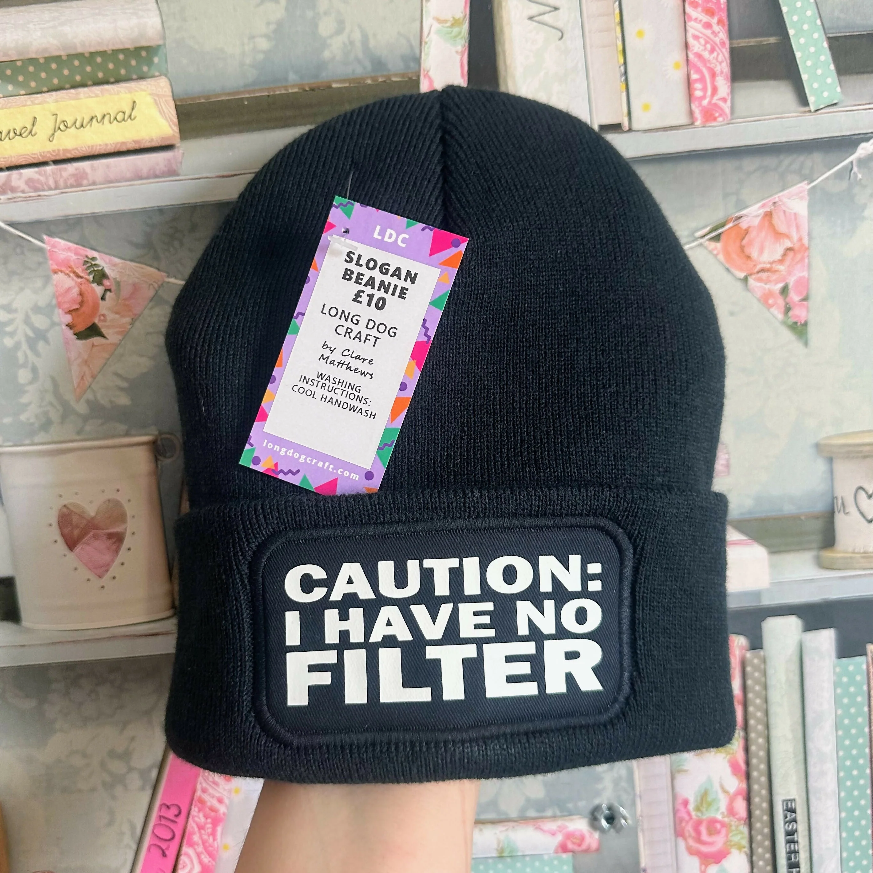 Caution Cuffed Rectangular Patch Beanie Hat - Image 2